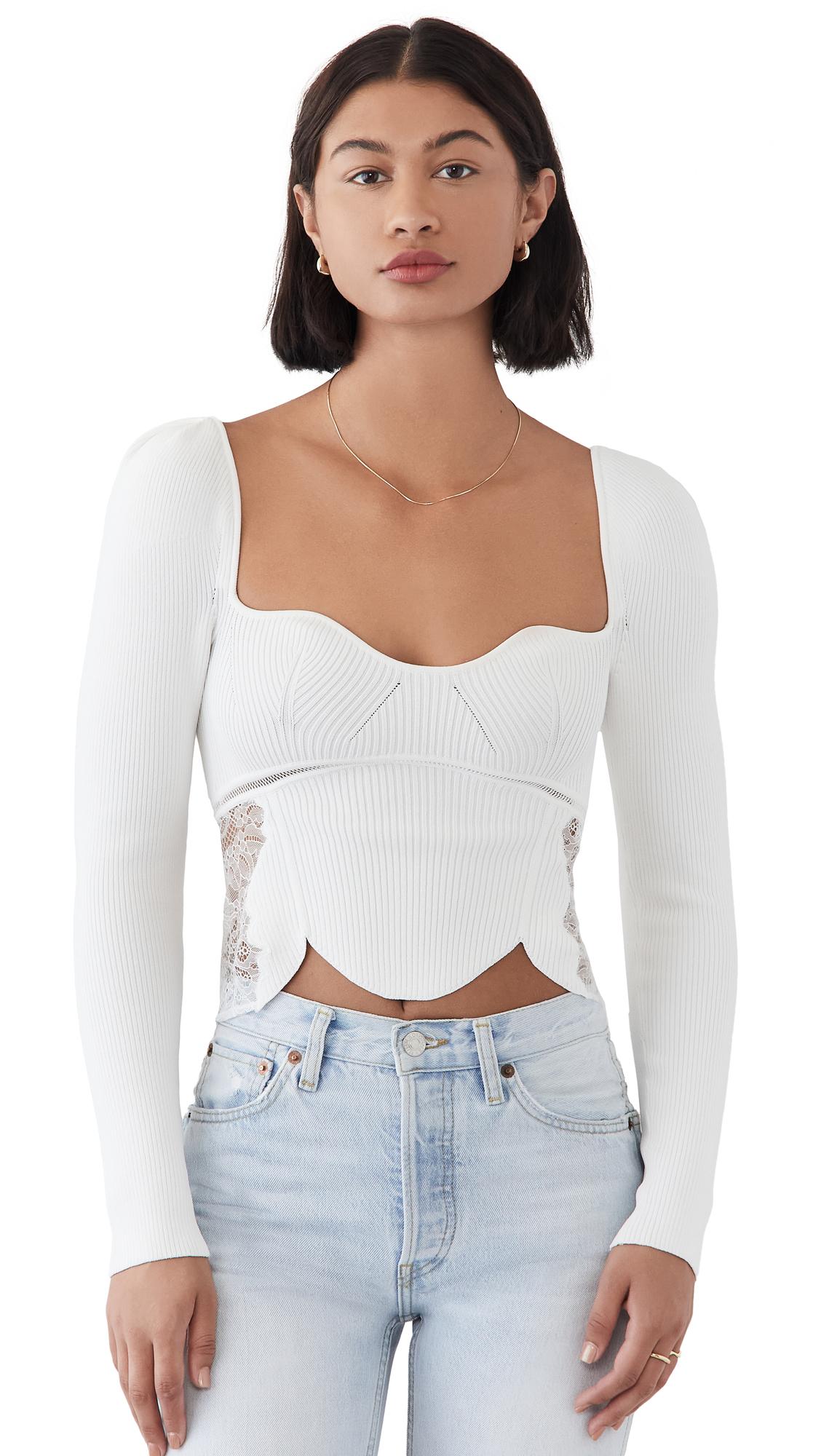 Tシャツ・カットソー SELF PORTRAIT WHITE LACE TRIM RIB KNIT TOP White Lace Trim Rib Knit Top – self-portrait