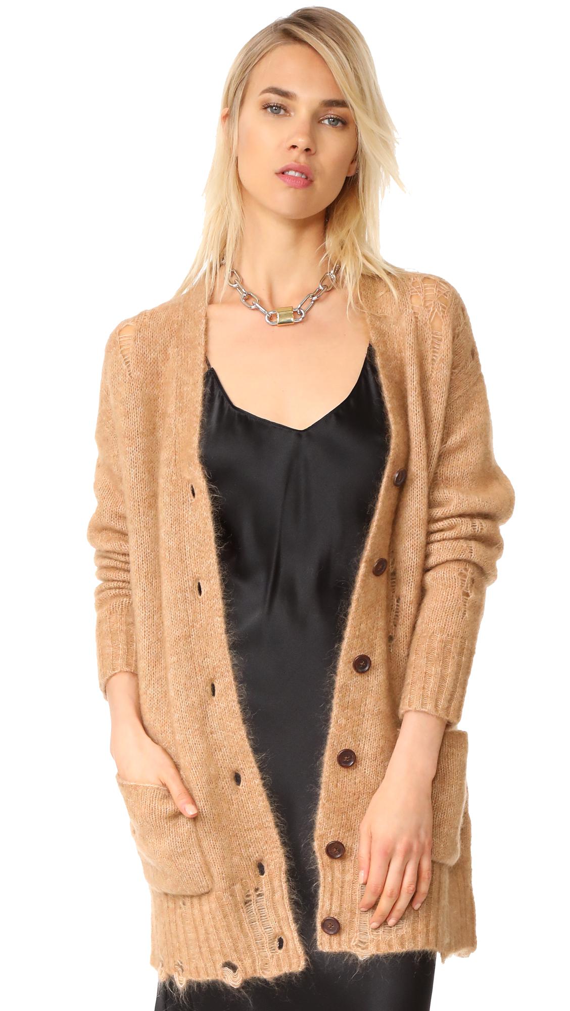 R13 Wool Ripped Camel Cardigan in Natural - Lyst