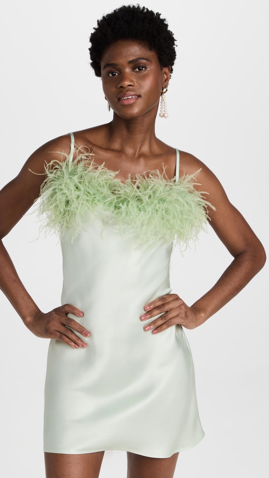 Sleeper Boheme Mini Slip Dress With Feathers In Mint Lyst
