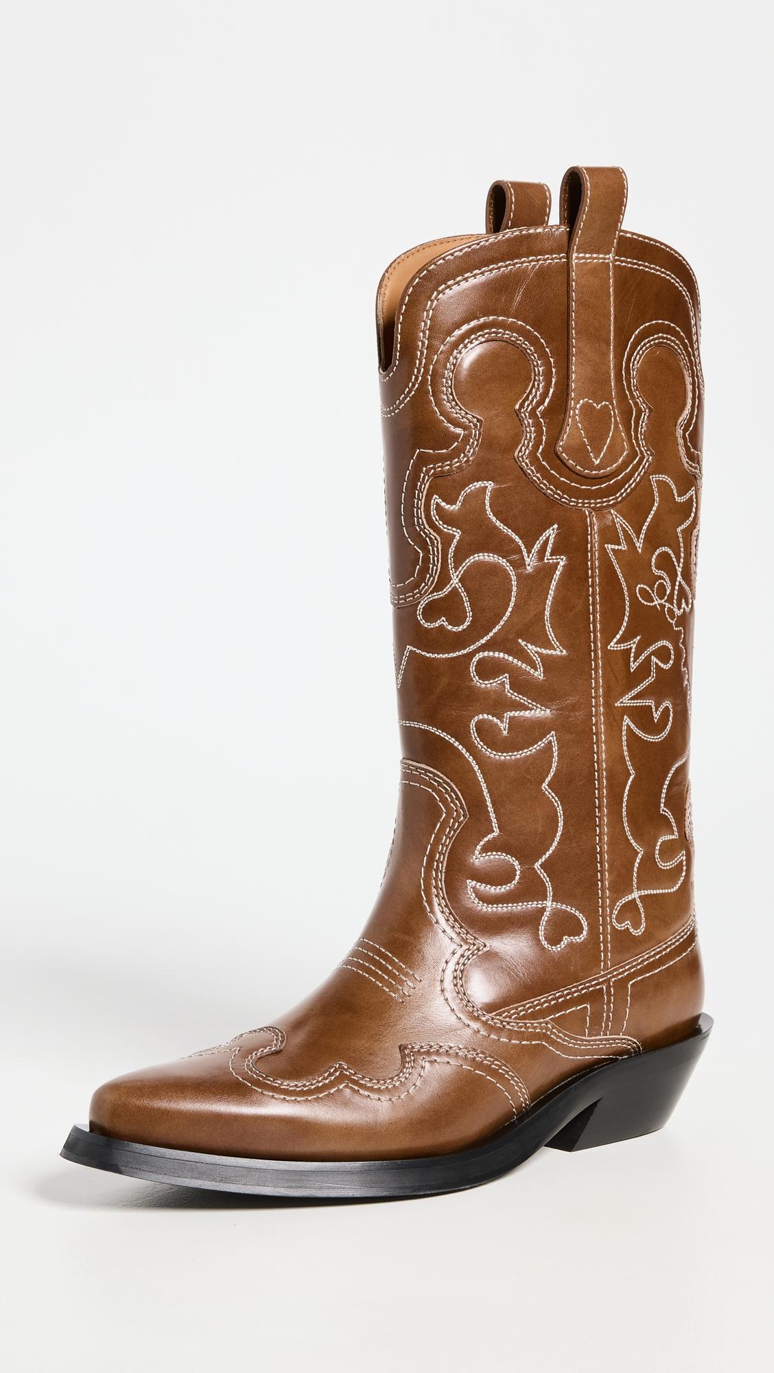 Ganni Mid Shaft Embroidered Western Boots in Brown Lyst