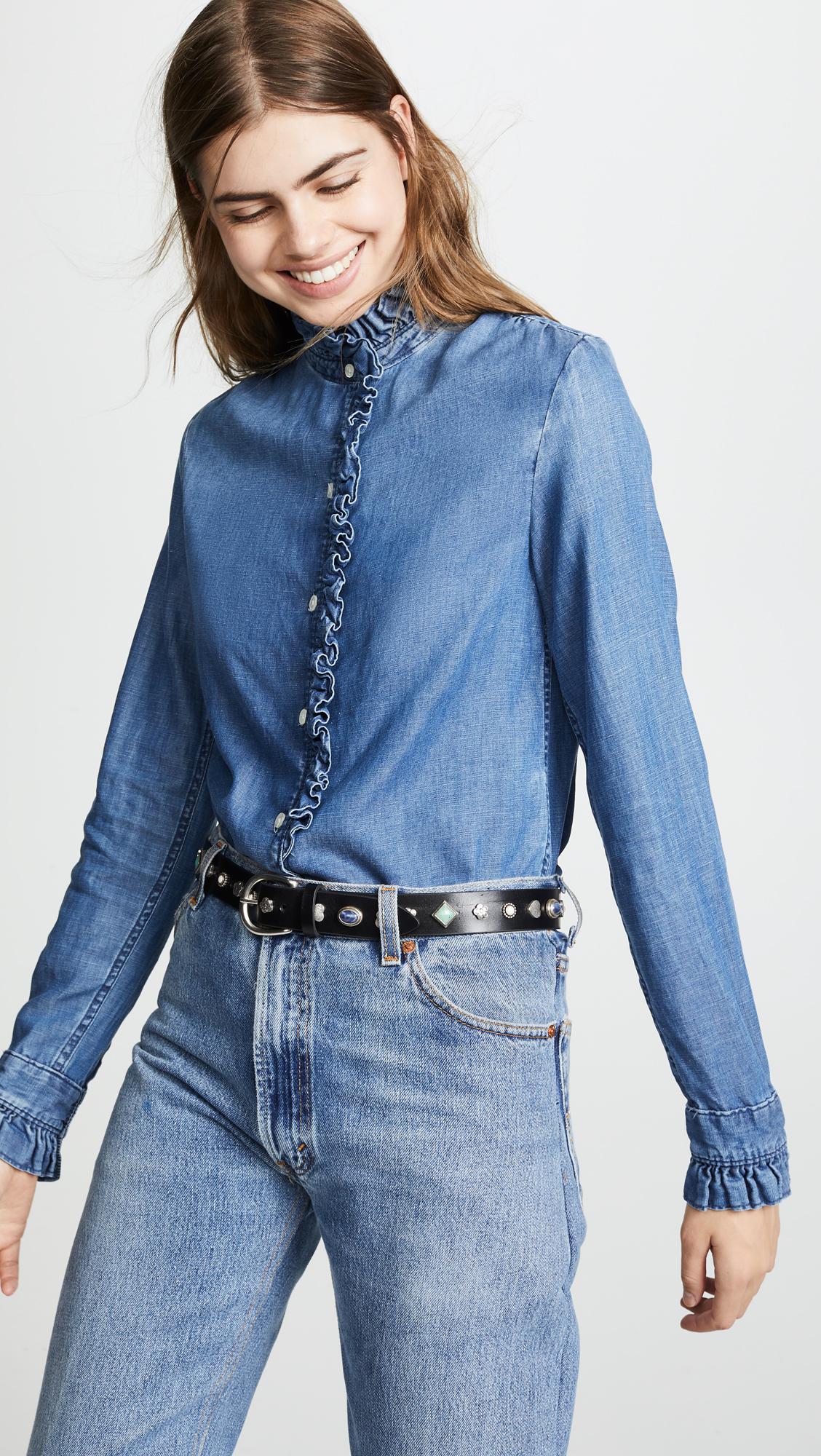FRAME Ruffle Denim Shirt in Blue | Lyst