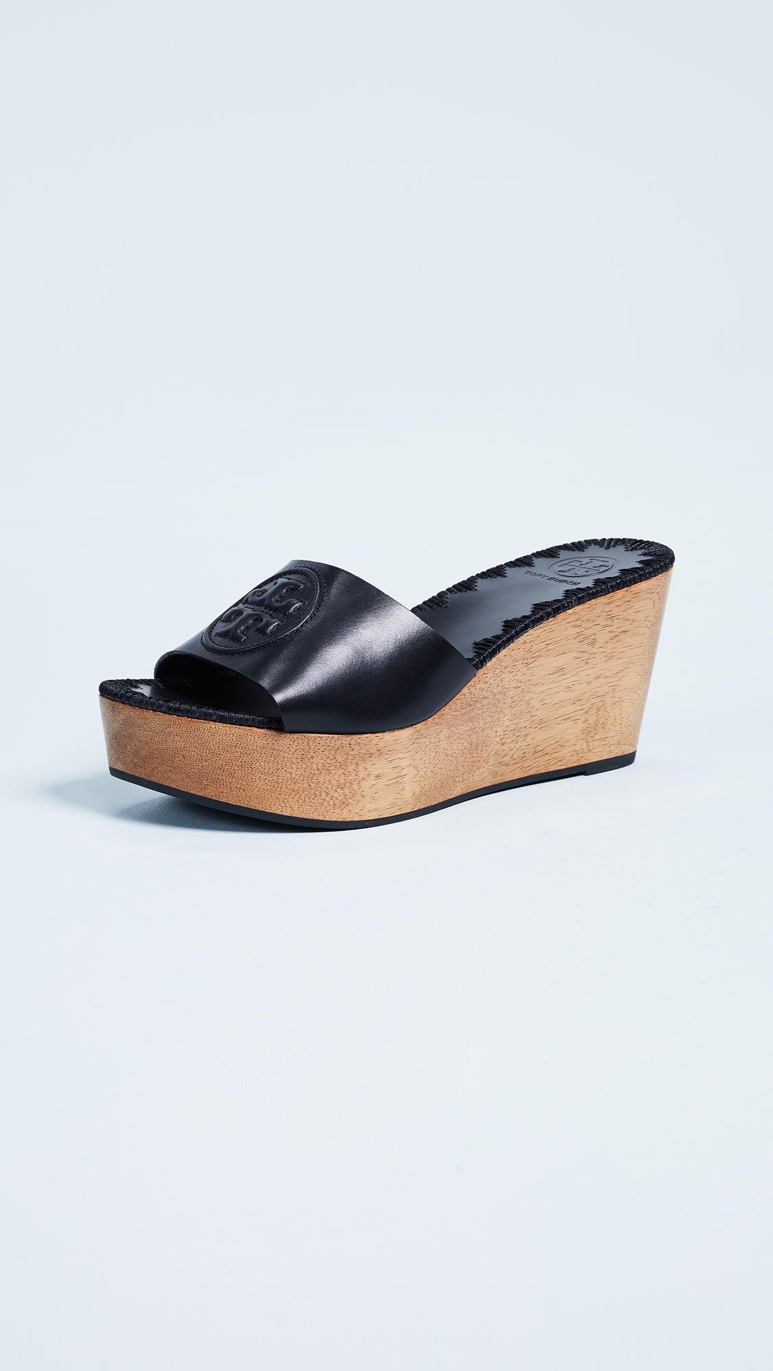 Tory Burch Leather Ines 80mm Wedge Slides in Black - Lyst
