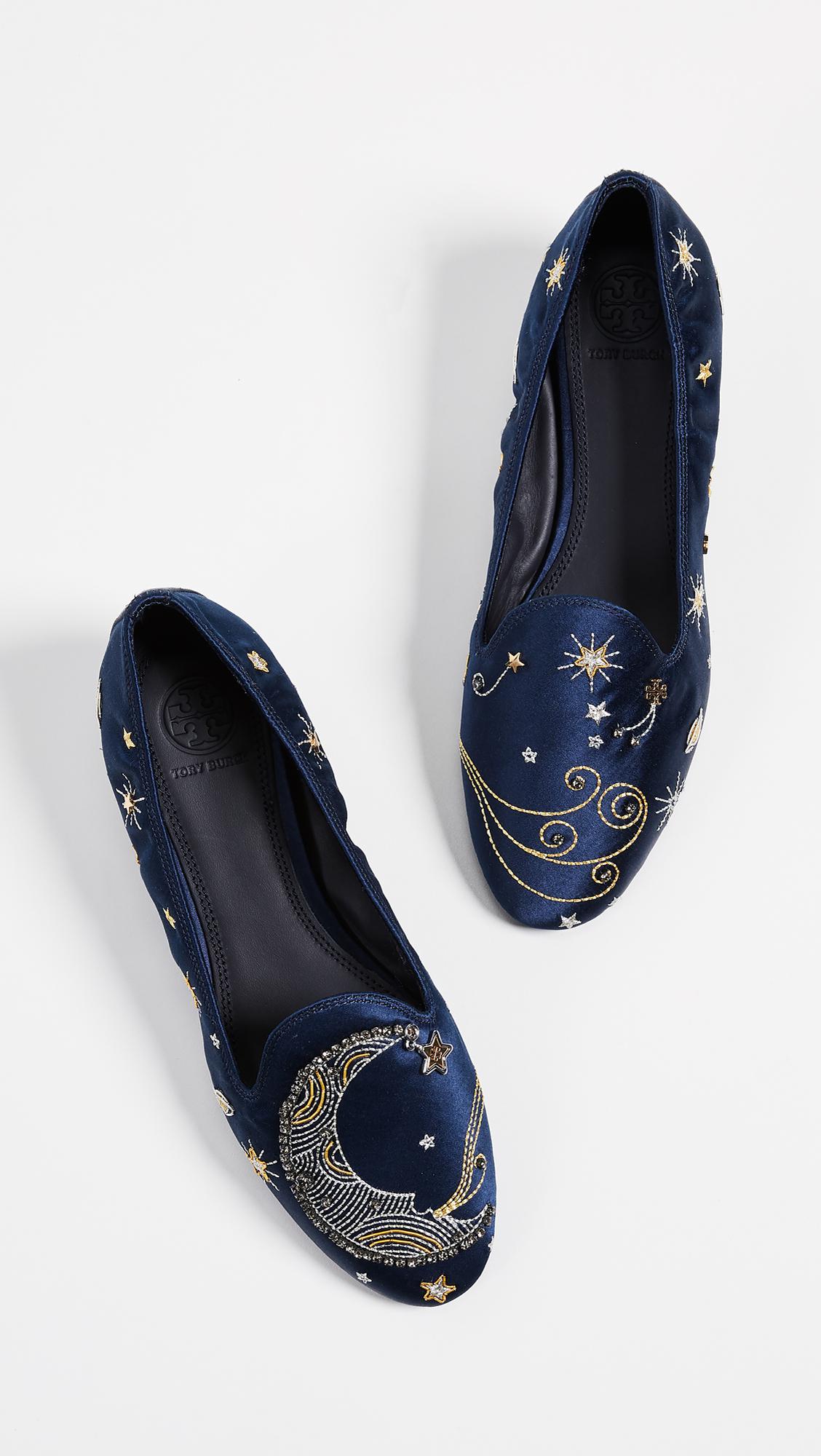 Tory Burch Satin Olympia Embroidered Loafer (perfect Navy) Shoes 