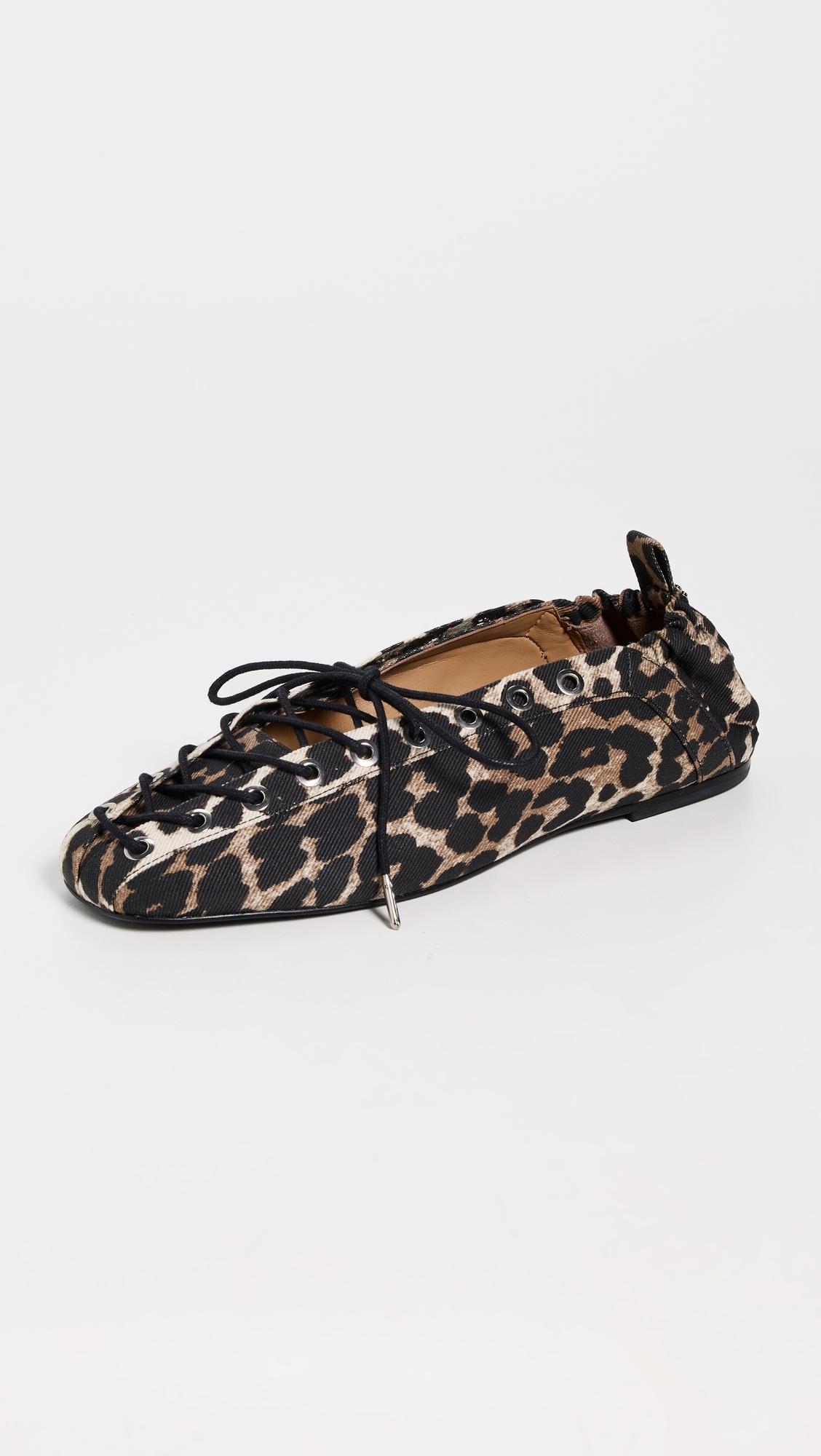 Ganni■ Eyelets Lace Up Ballerina Denim Print - Leopard Amazon.com: Ganni, Eyelets Denim Lace-Up Ballerina Flats, 36