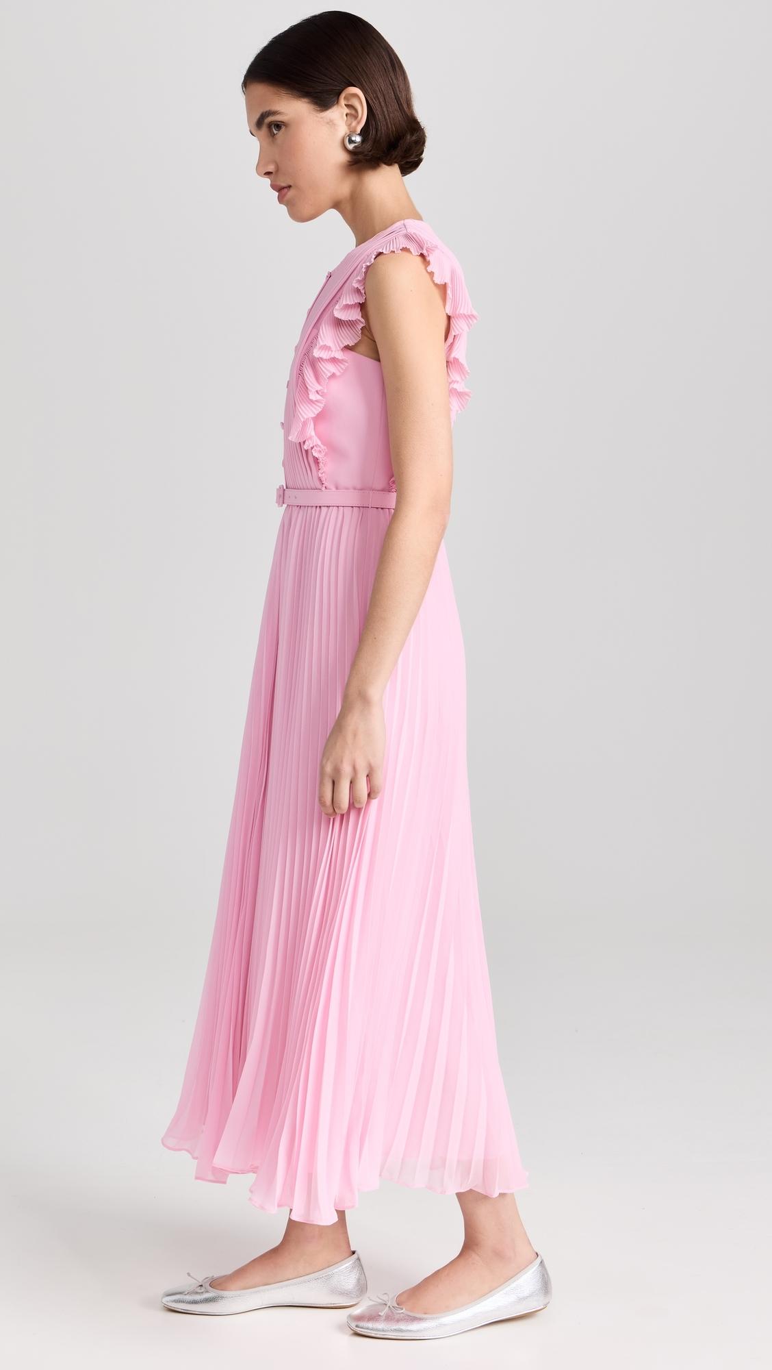 knee length dresses for ladies Elegant Pink Multi-Color Floral Print V-Neck Back Tie-Up Layered Ruffl –  EDITE MODE