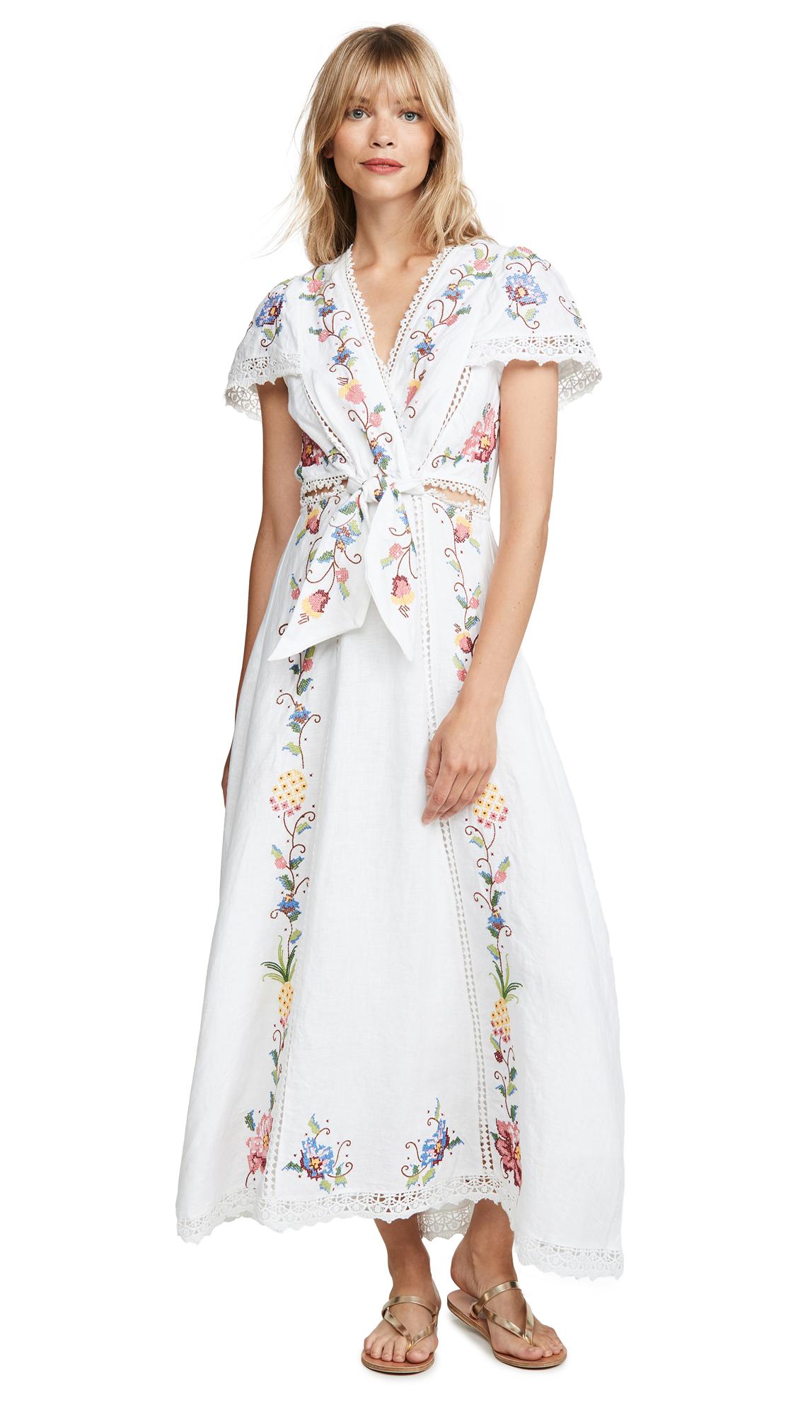 FARM Rio Linen Embroidered Front Knot Dress in White - Lyst