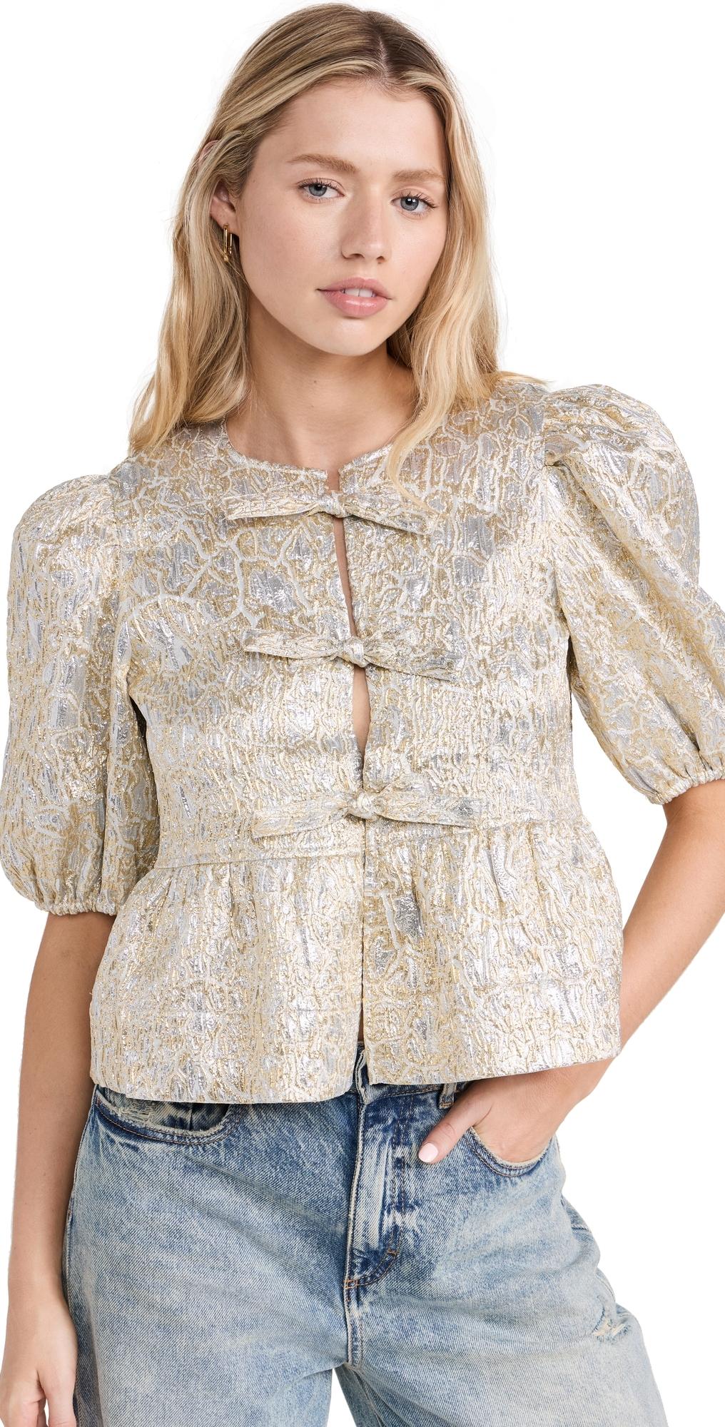Ganni Metallic Cloque Peplum Blouse | Lyst