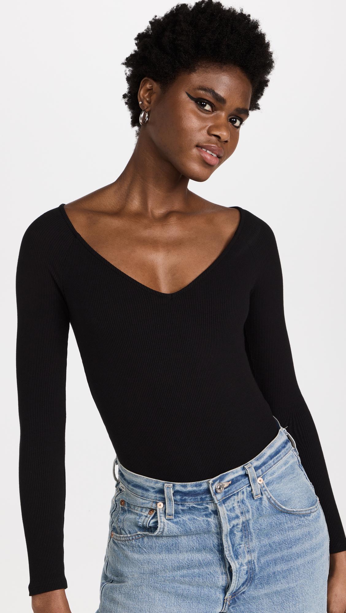 L'Agence Winona Wide V Neck Thong Bodysuit in Black | Lyst
