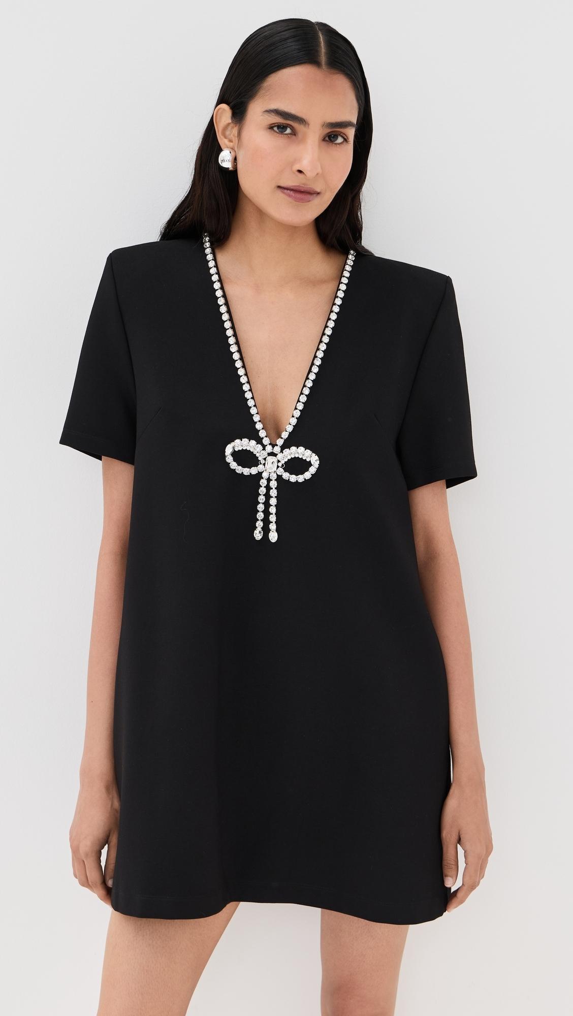 area t shirt dress Area Crystal Bow V-Neck T-Shirt Dress in Black