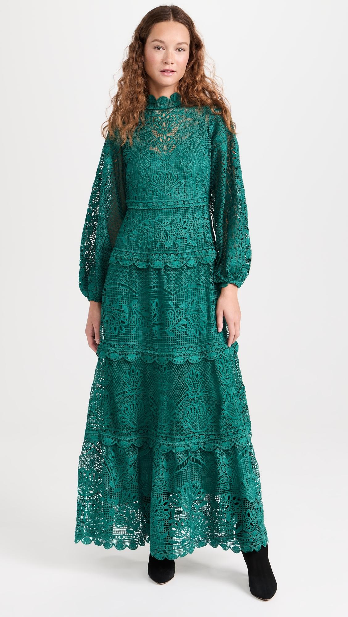 FARM Rio Dark Guipure Long Sleeve Maxi Dress in Green | Lyst