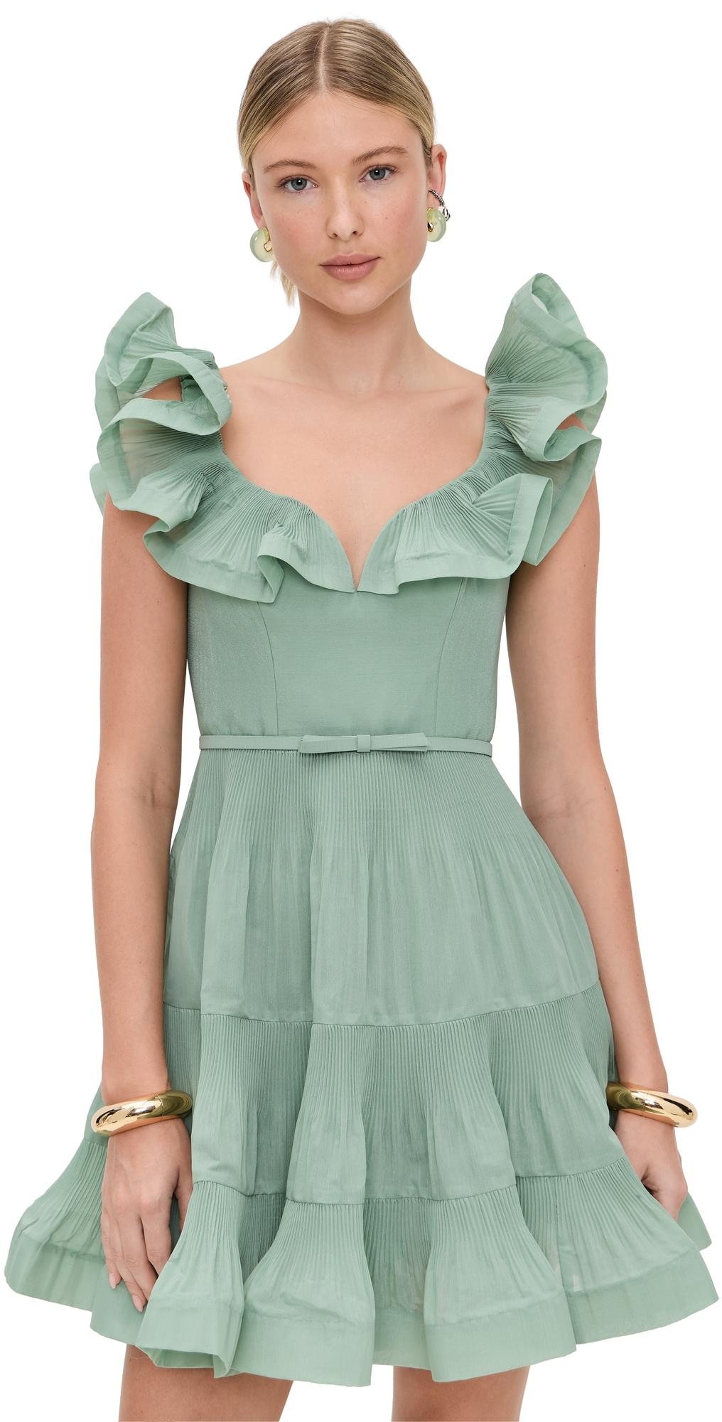 Zimmermann Pleated Frill Mini Dress in Green | Lyst