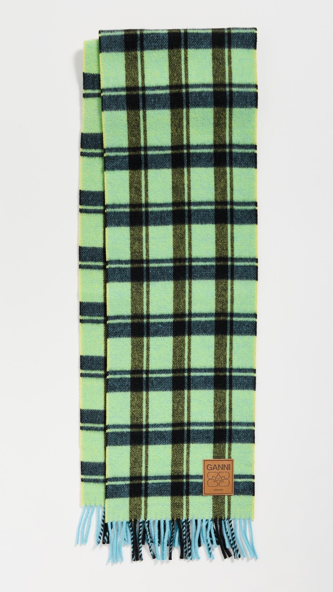 Ganni Double Face Wool Check Scarf in Green | Lyst