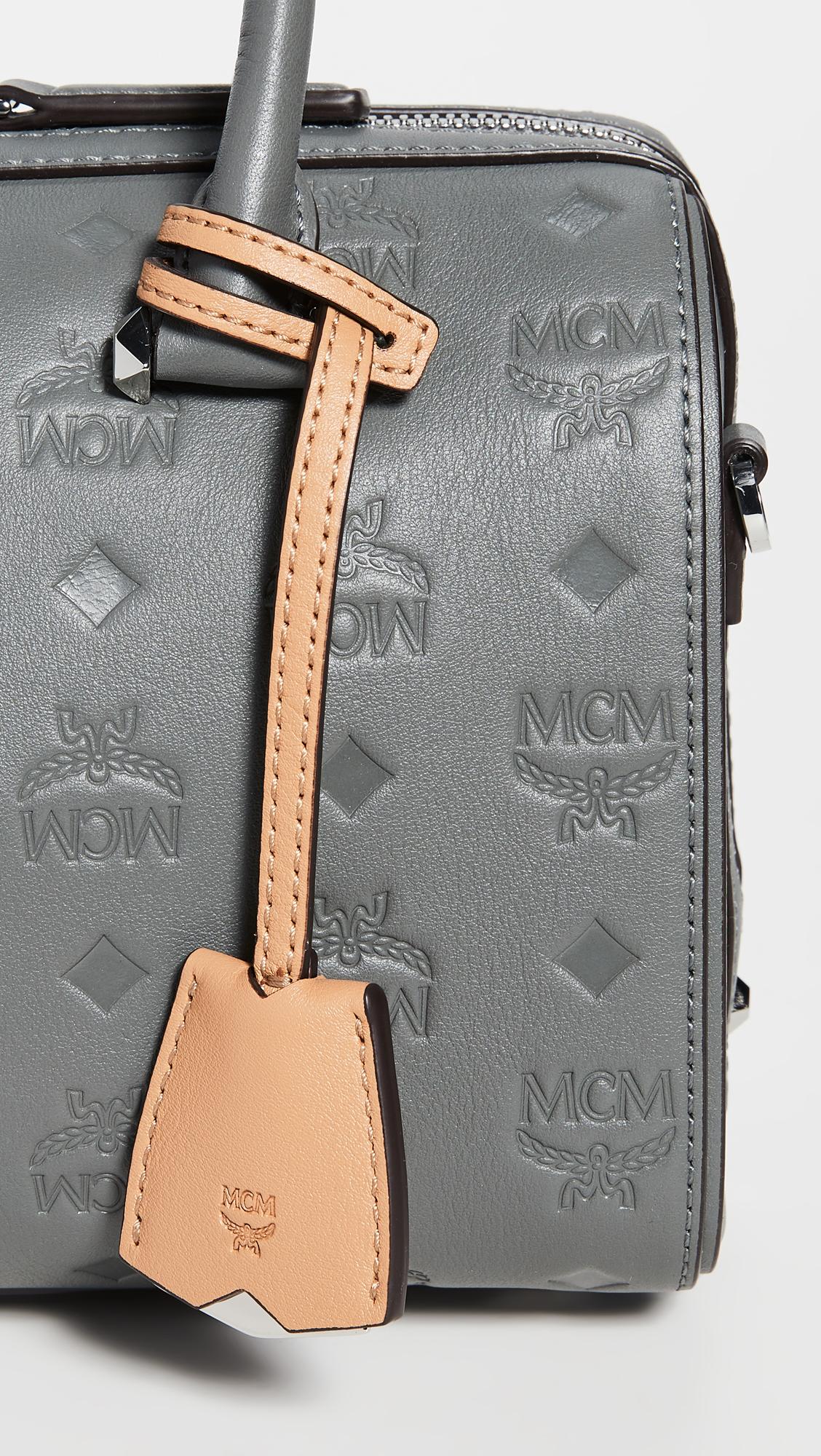 Mcm Boston Essential Monogrammed Small Leather Satchel In Golden Mango