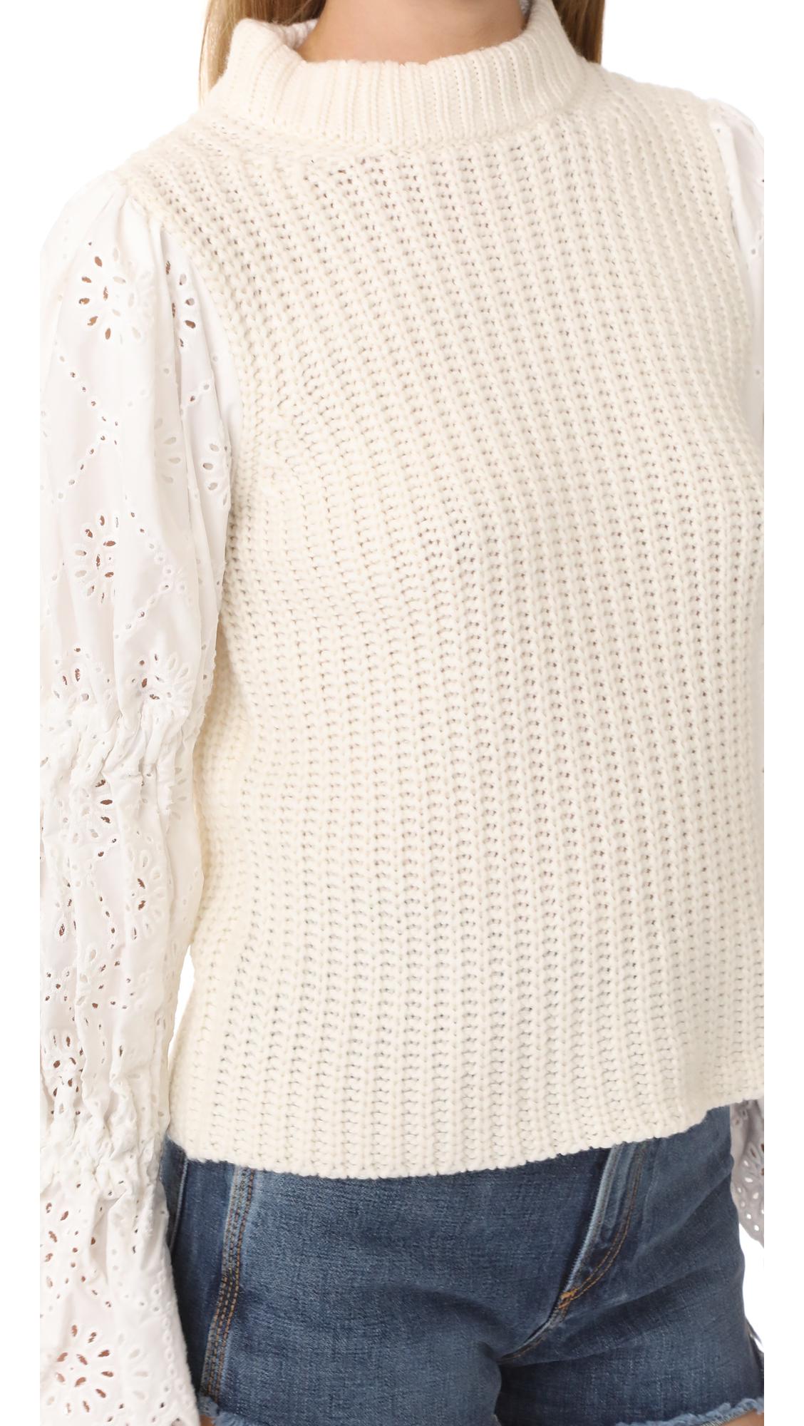 Sea Eyelet Sleeve Combo Sweater in 