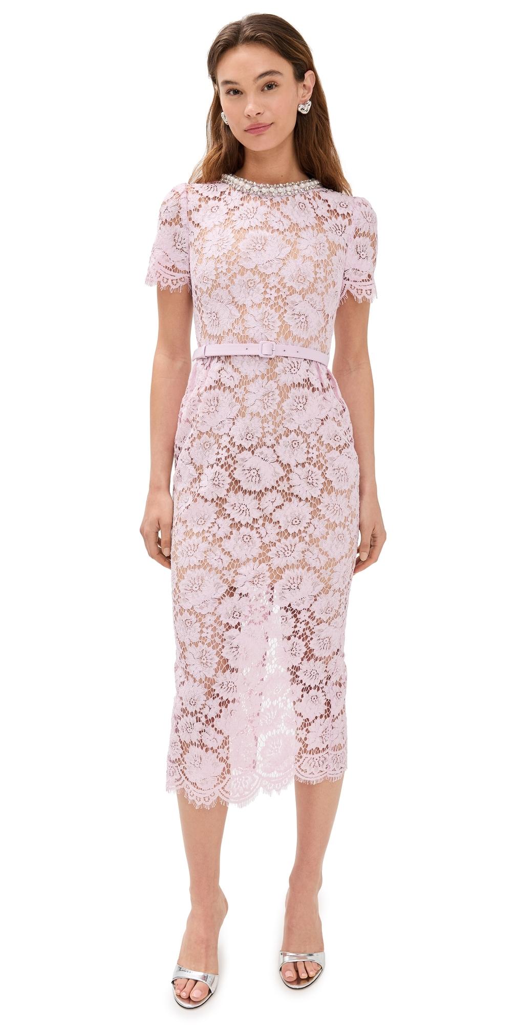 Self-Portrait Fine Lace Pearl Midi Dress in Pink | Lyst
