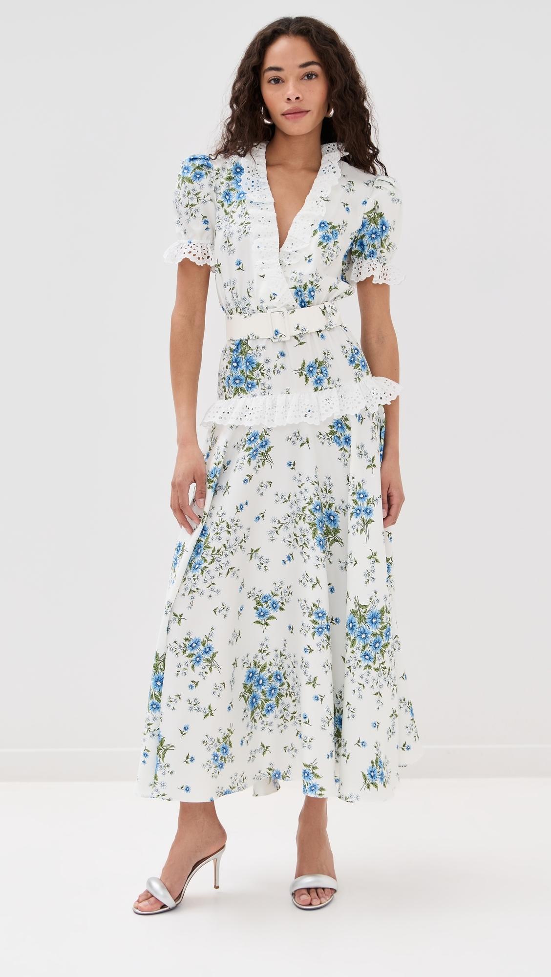 rodarte daisy floral silk dress Rodarte And Daisy Silk Short Sleeve Silk Dress With Eyelet Ruffle Detail And Belt in White