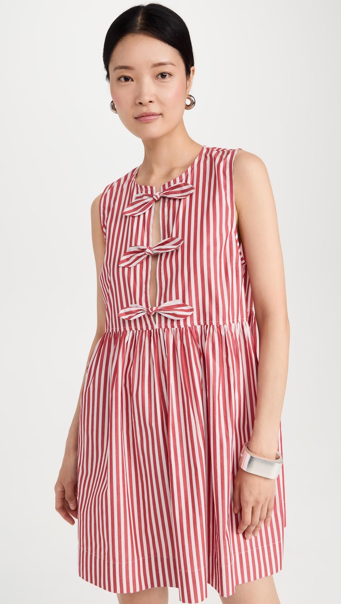 【GANNI】RED STRIPE COTTON MINI BOW TIE DRESS ワンピース Ganni Stripe Cotton Mini Bow Tie Dress in Red | Lyst