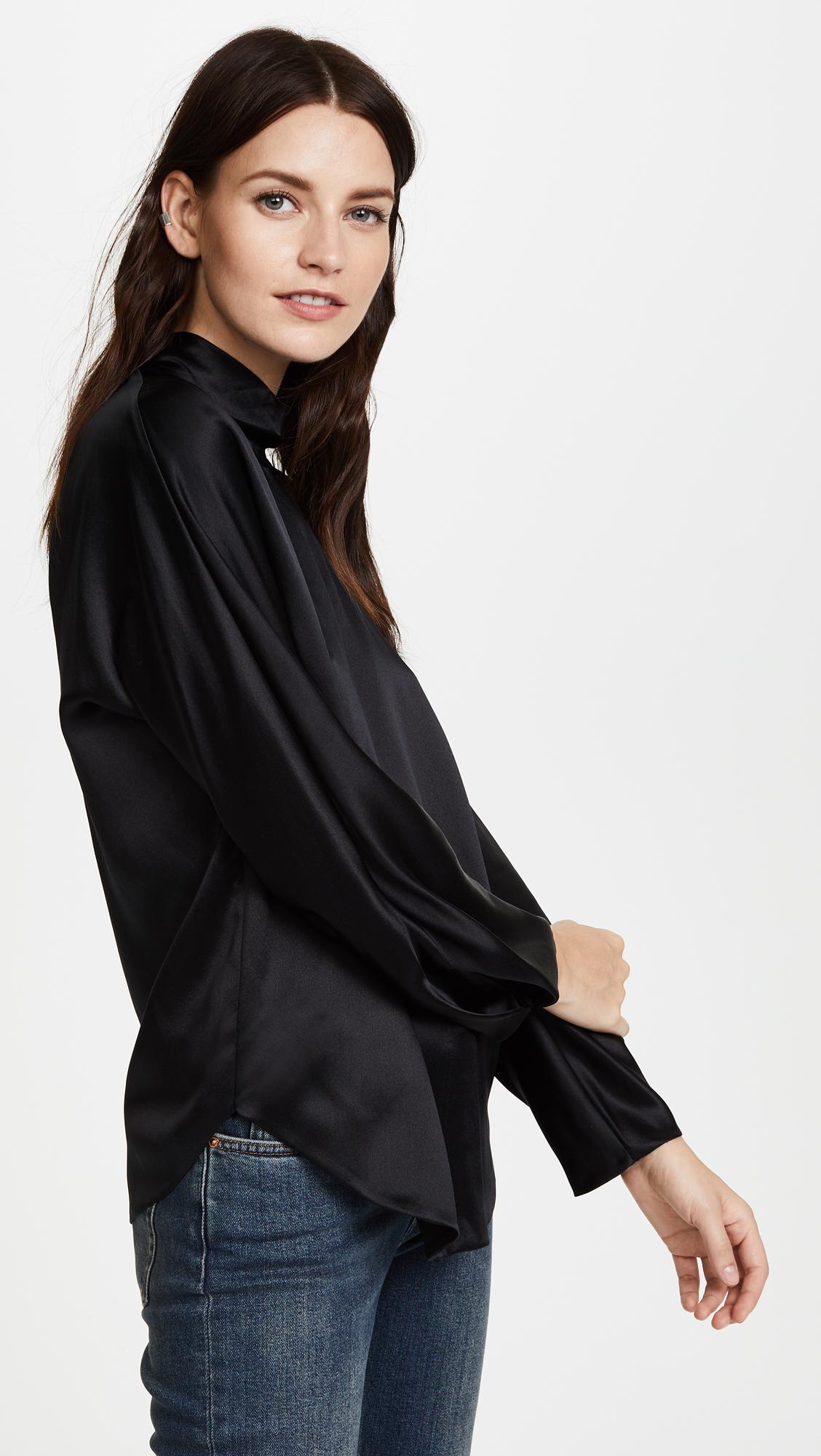 Lyst Vince Band Collar Long Sleeve Blouse in Black