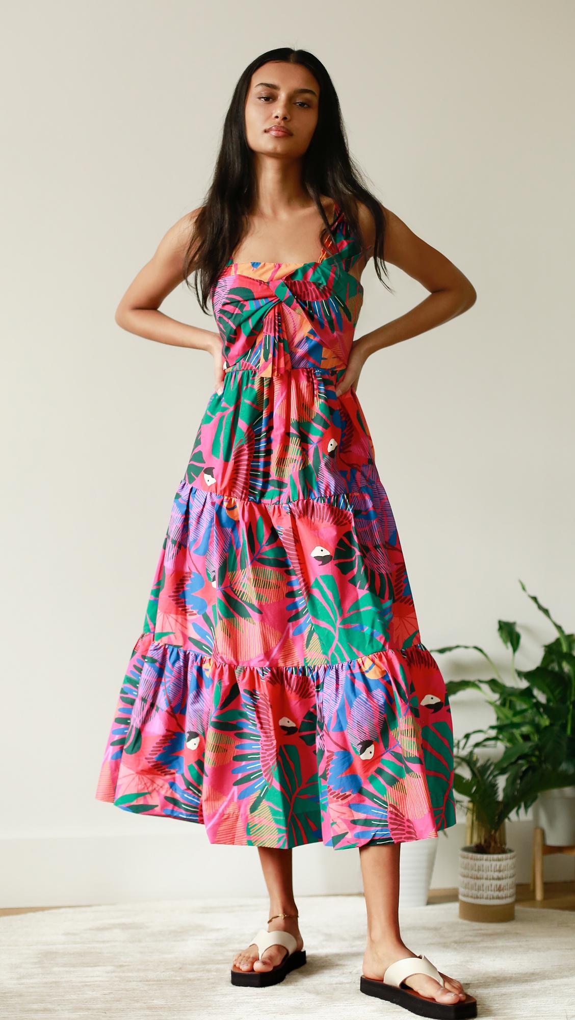 FARM Rio Cotton Macaw Bow Top Midi 