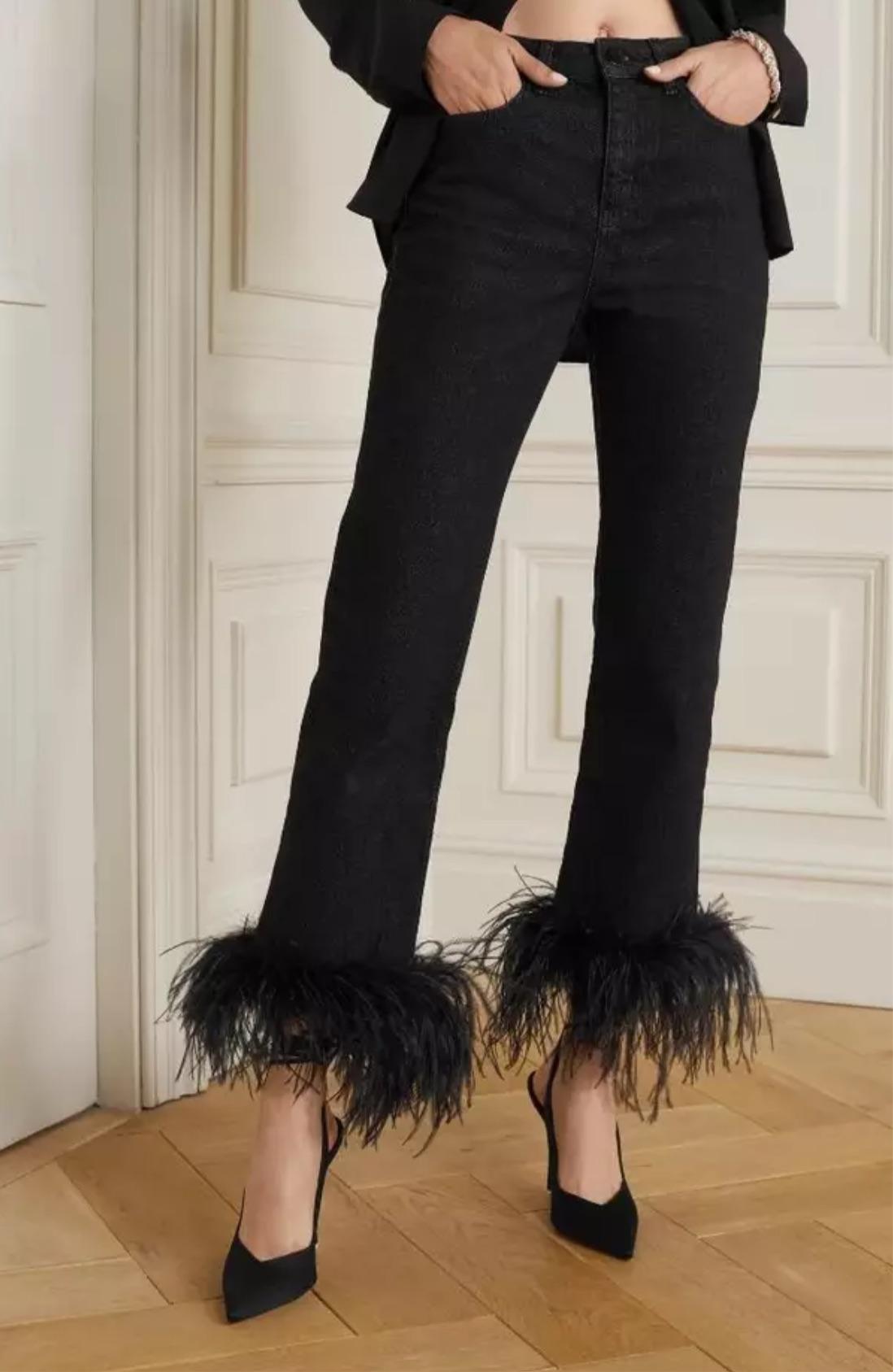 Denim Black Feather Trim Jeans | Lyst
