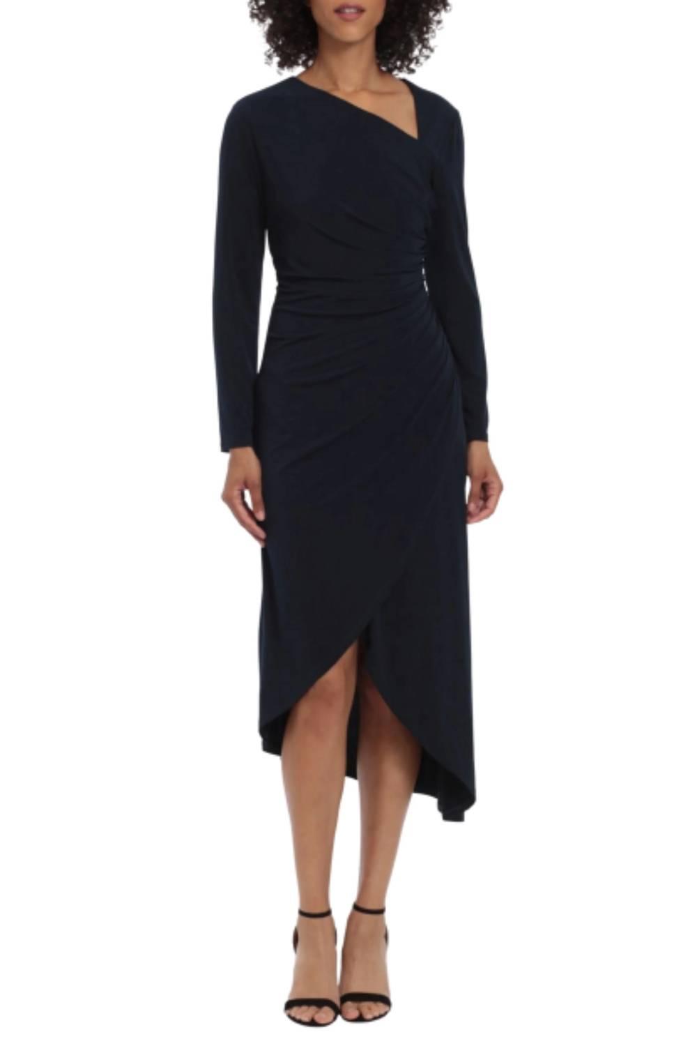 asymmetric neck sheath midi dress maggy london Maggy London Women's Asymmetrical Floral Midi Dress - Black Onyx/Scarlet