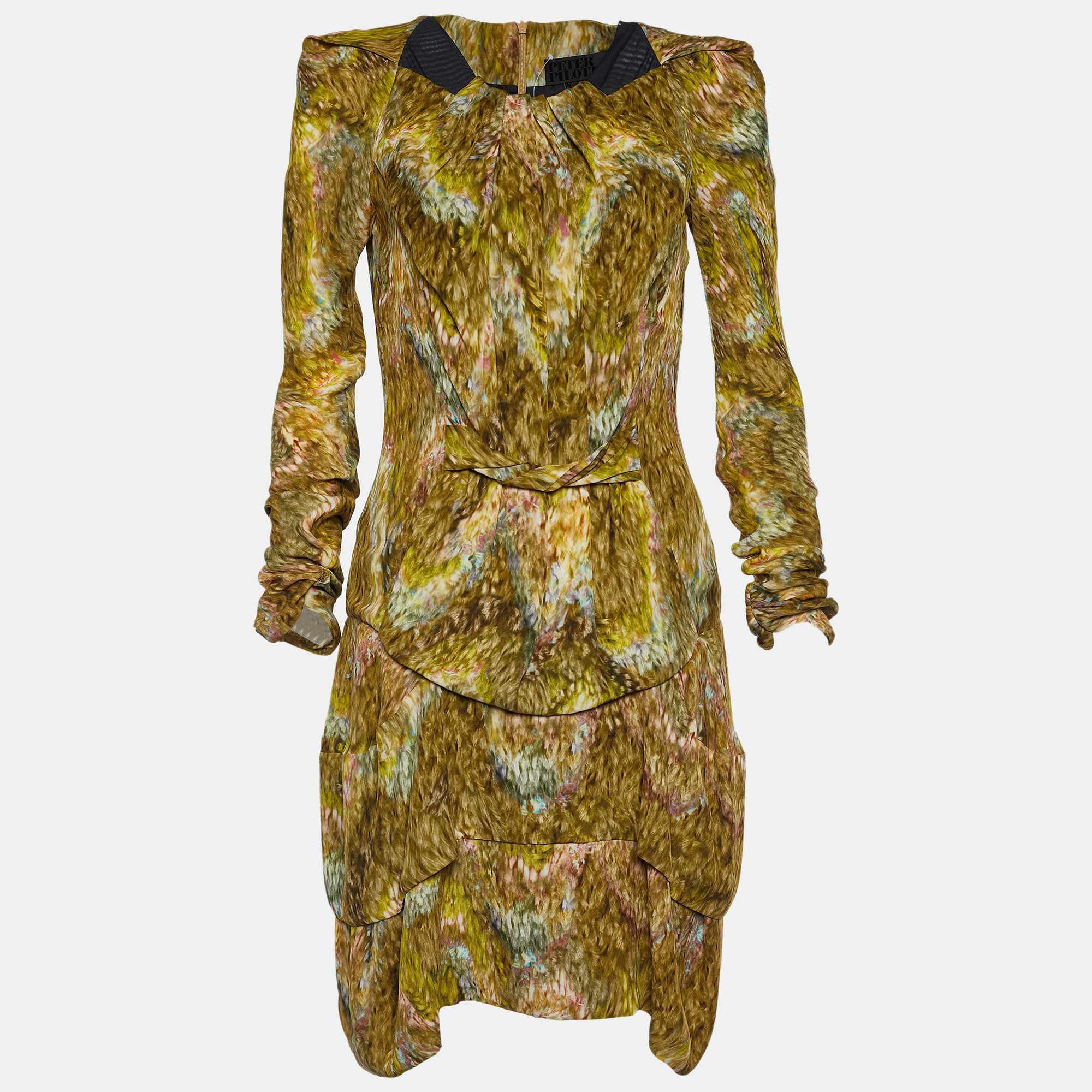 peter pilotto metallic dress Peter Pilotto Metallic Chiffon Dress in Gold & Navy