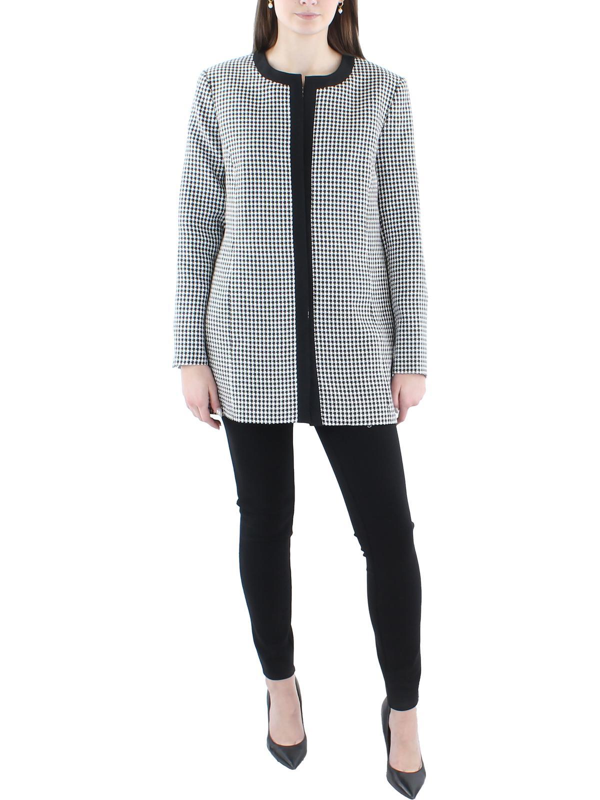 Le Suit Woven Houndstooth Collarless Blazer in Gray