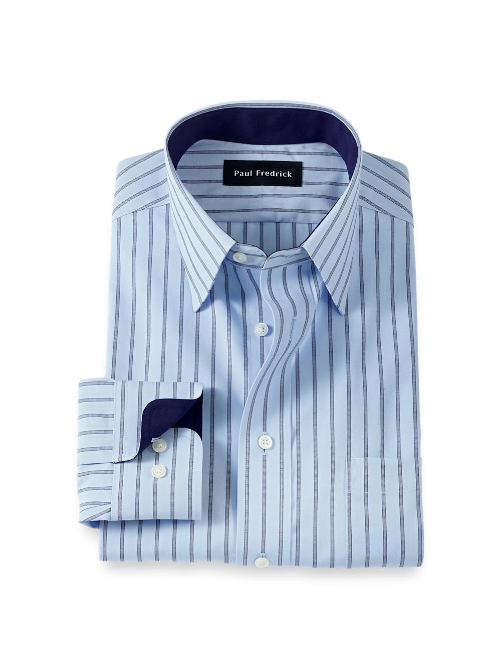 fredrick dress shirts Paul Fredrick Non-Iron Cotton Stripe Dress Shirt With Contrast Trim - Blue
