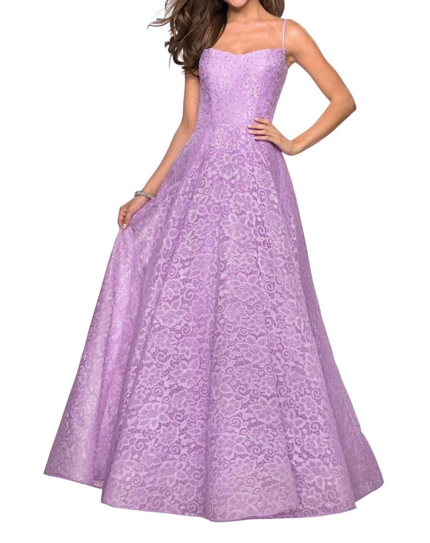 open lace back dress Classic Vneck Lilac Wedding Guest Dress with Spaghetti Straps – Rosymae main image 1