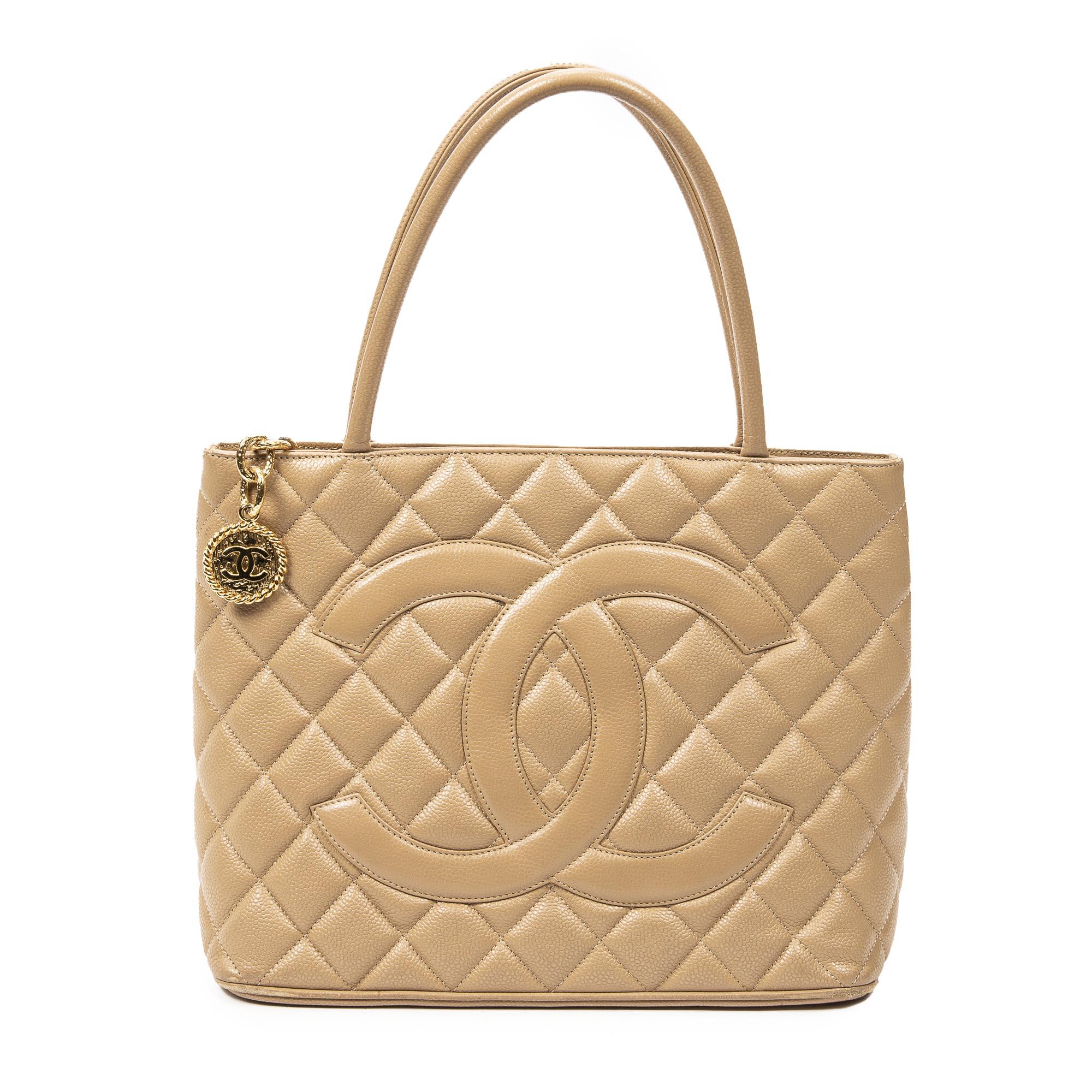 CHANEL 2006 CC Medallion Tote Bag Cream Beige Caviar Leather First