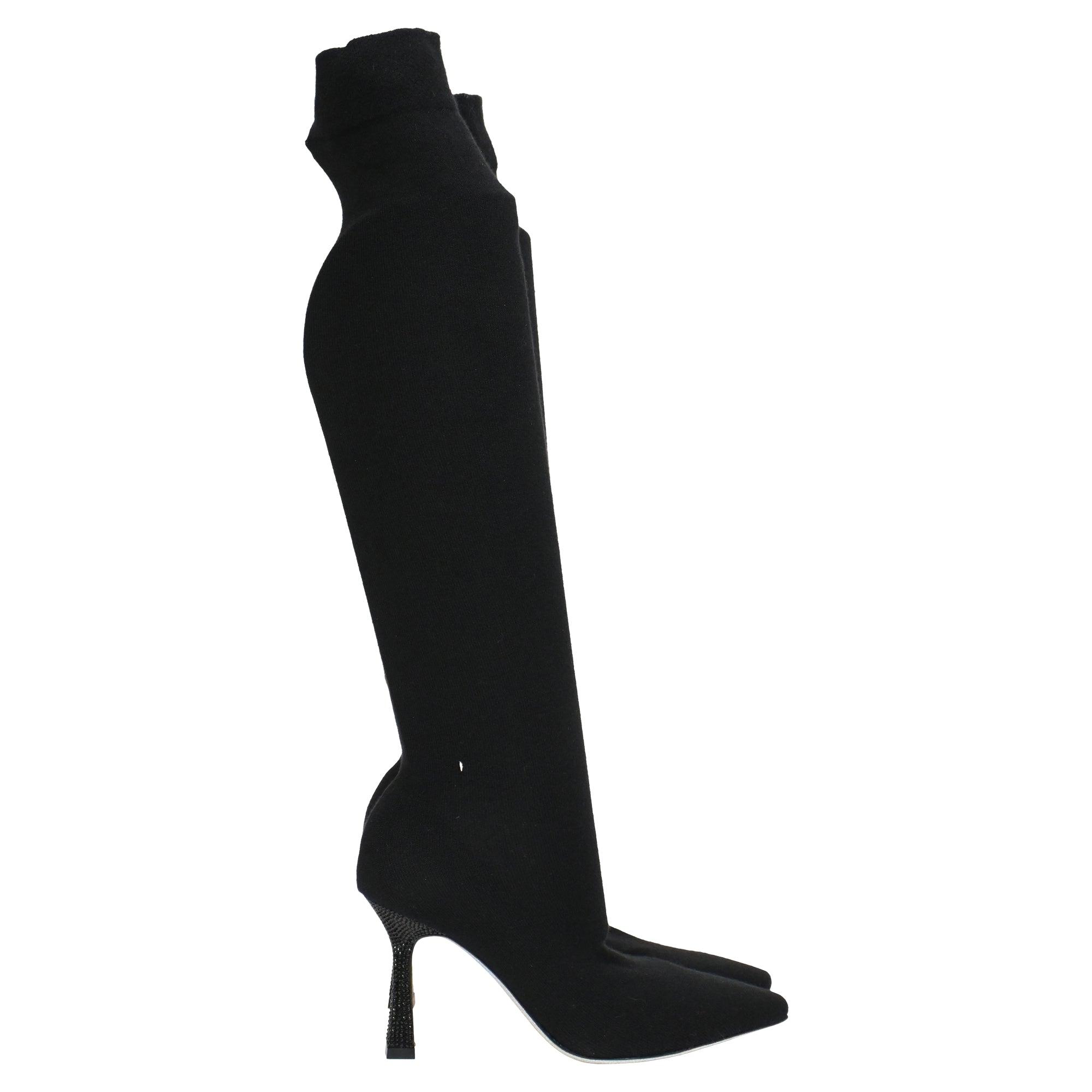 【関税込み】RENE CAOVILLA Knitted boots Black Crystal-embellished stretch-knit over-the-knee boots