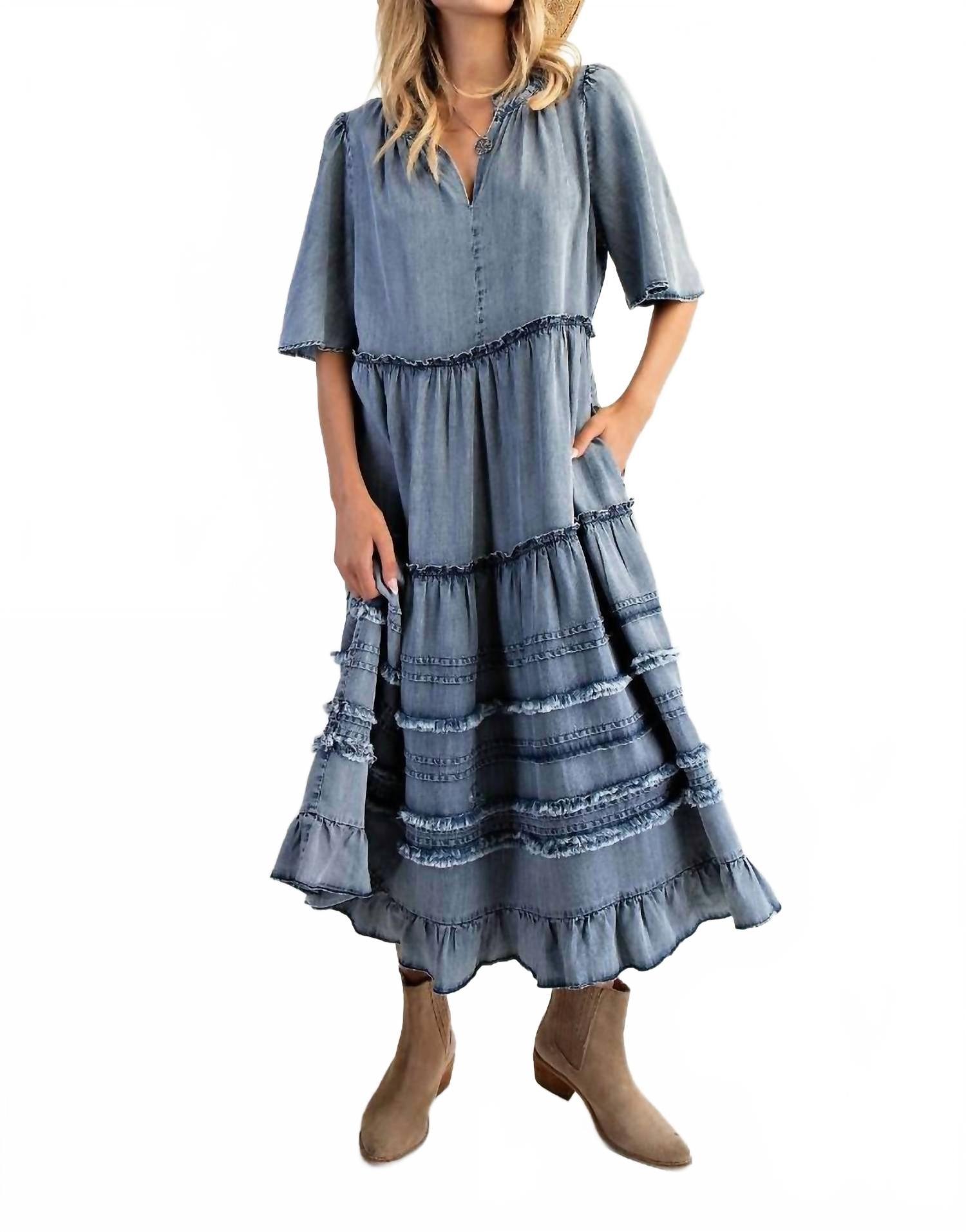 white christmas dresses Easel Washed Chambray Ruffled Dress – Western Boho Vibes main image 1