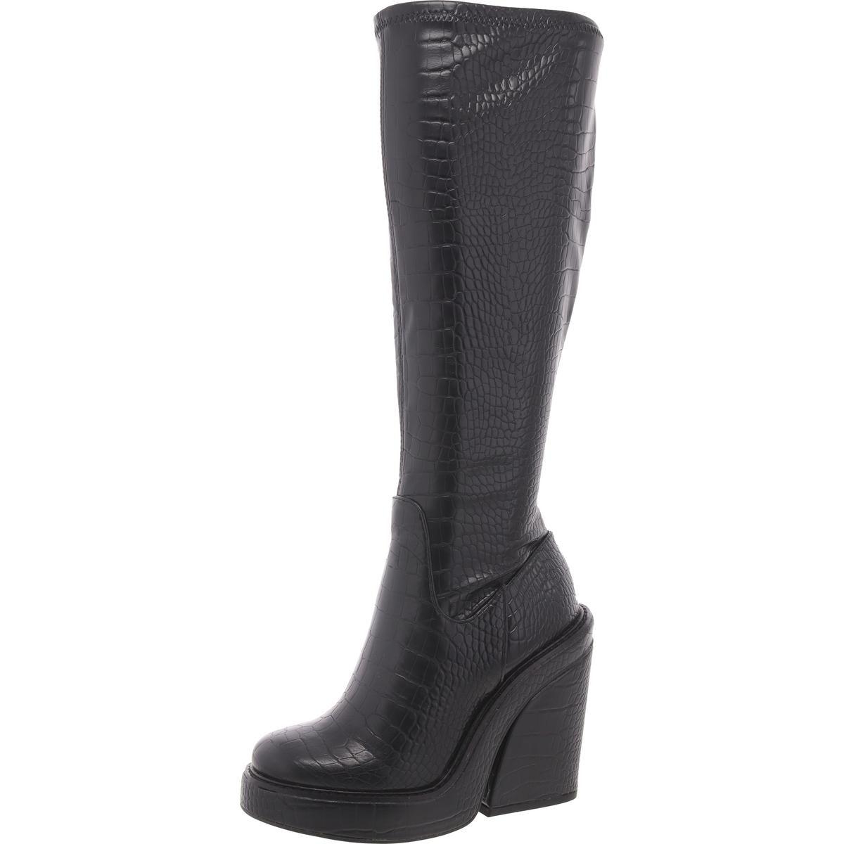 Steve Madden Aligned Croc Print Block Heel Mid-Calf Boots in Black