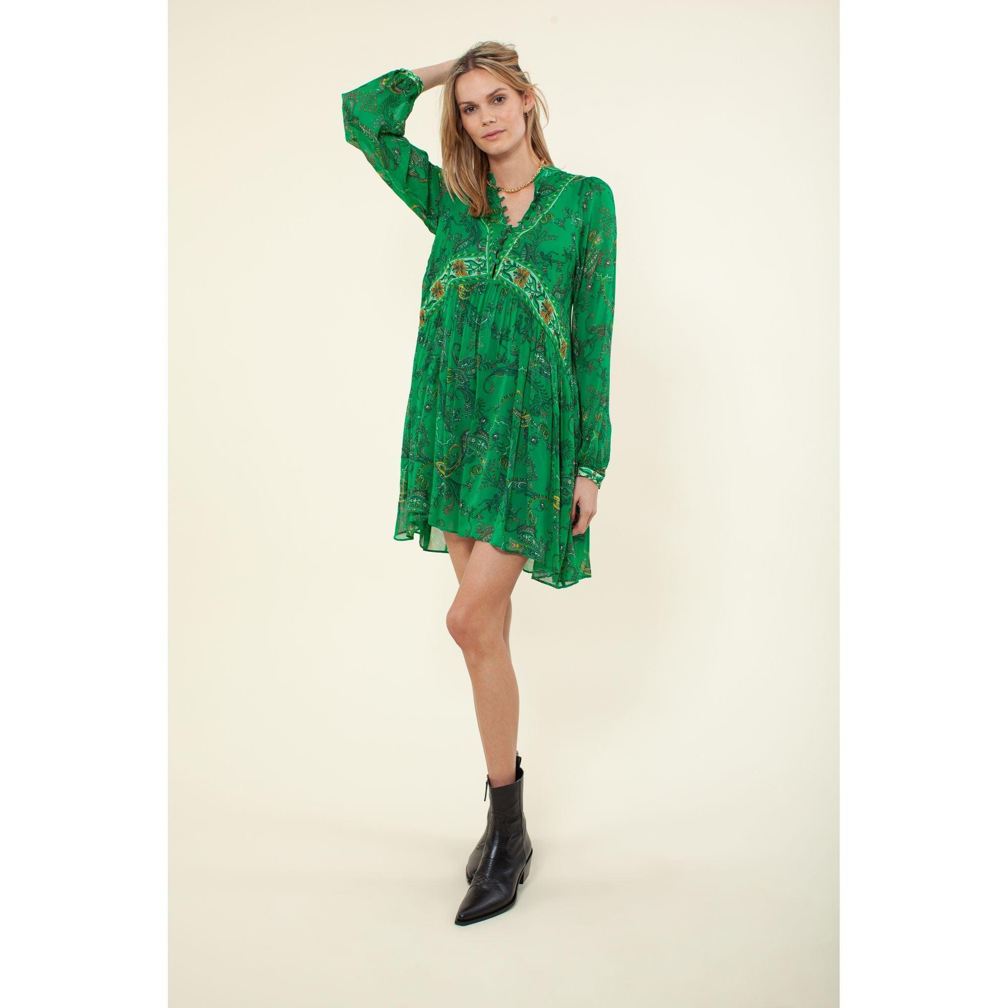green emerald velvet dress Hale Bob DREAM Tiered Chiffon Dress In Green 45WR642A – Izzi of Baslow