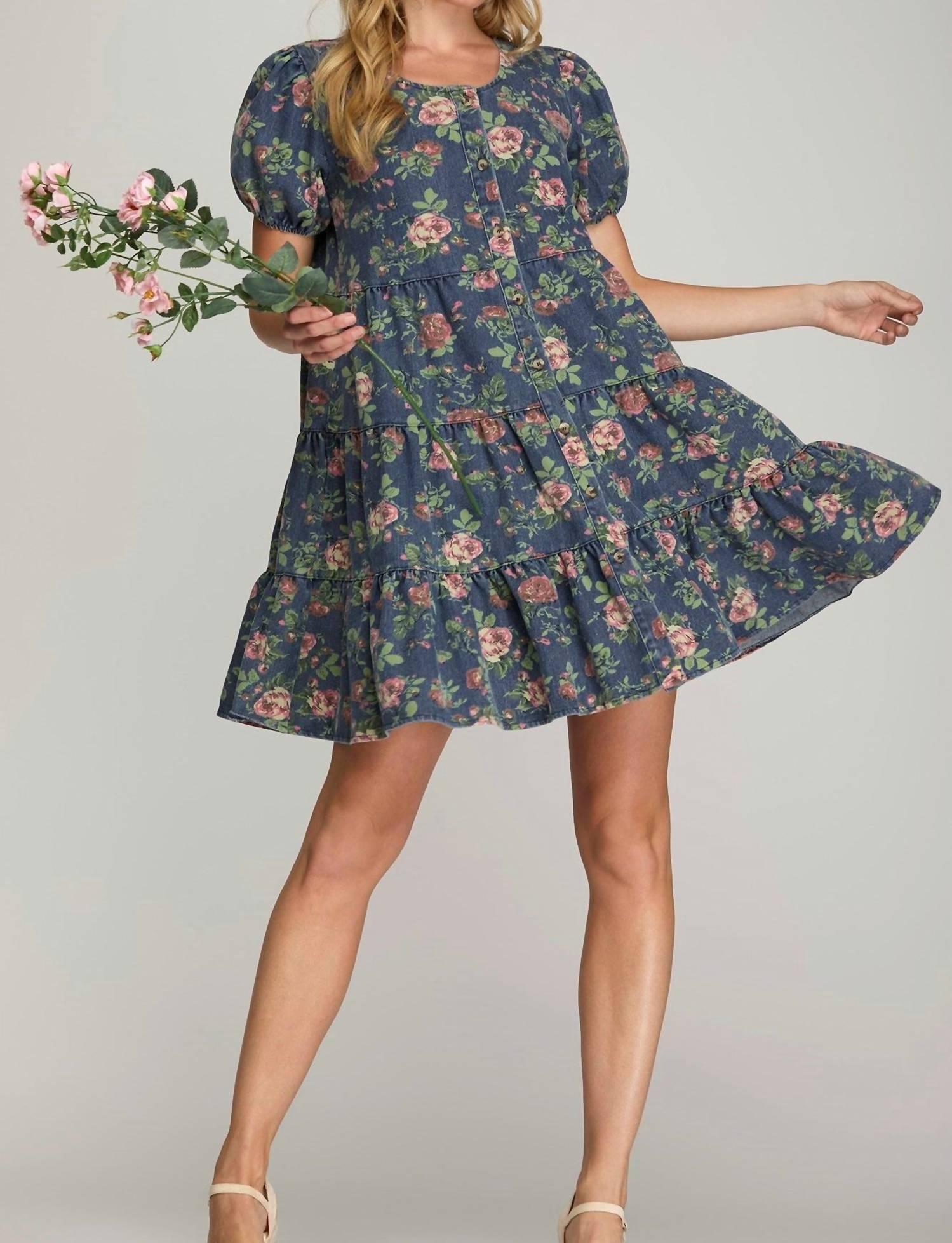 she and sky denim dress She + Sky Puff Sleeve Button Down Tiered Print Denim Dress in Blue