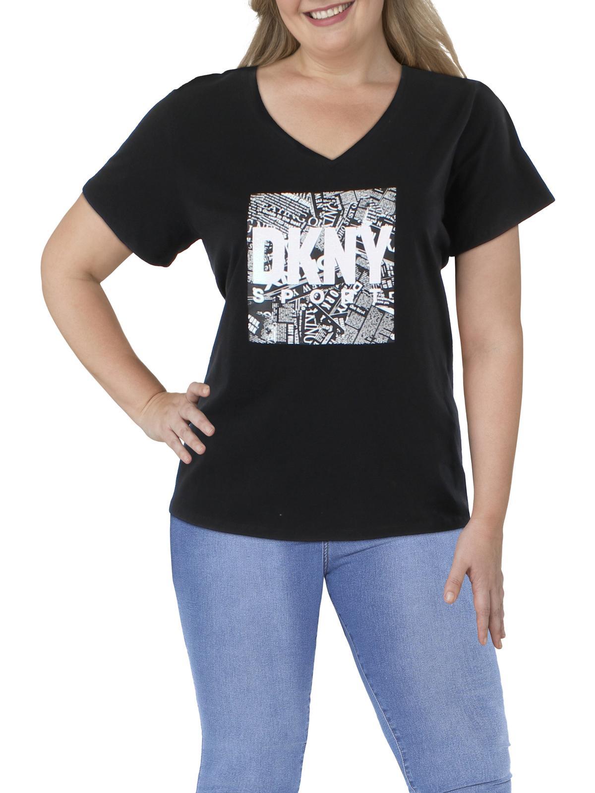 DKNY Printed Stretch V-neck Graphic T-shirt in Black | Lyst