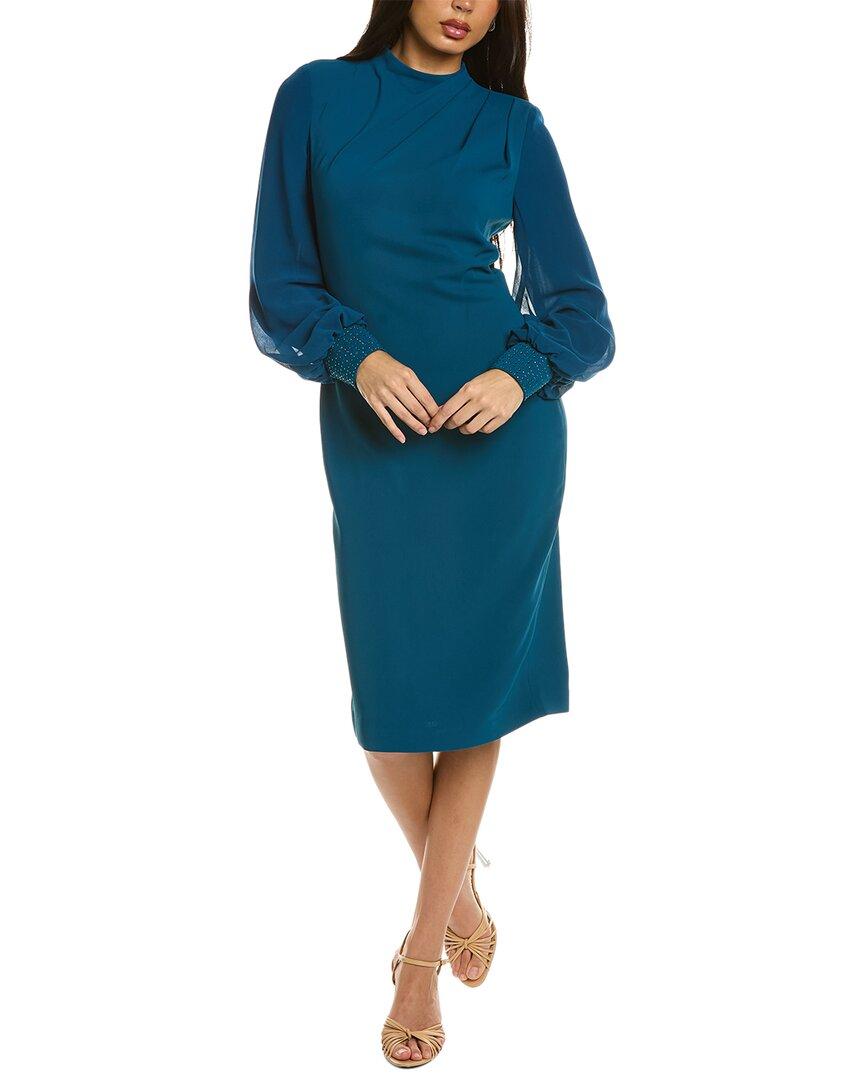 Badgley Mischka Pleat Neck Midi Dress in Blue | Lyst