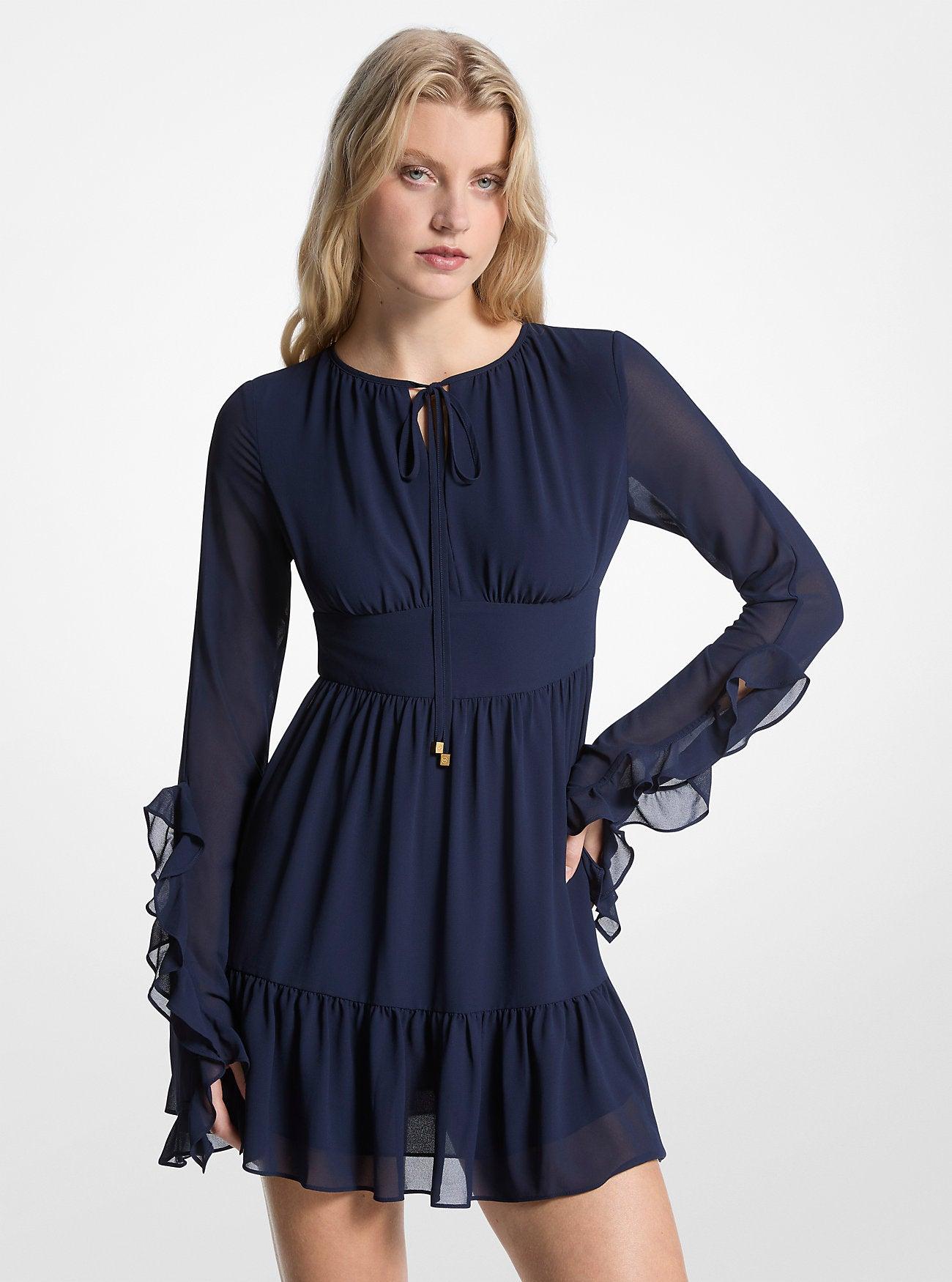 Michael Kors Ruffled Georgette Long-Sleeve Dress in Blue | Lyst