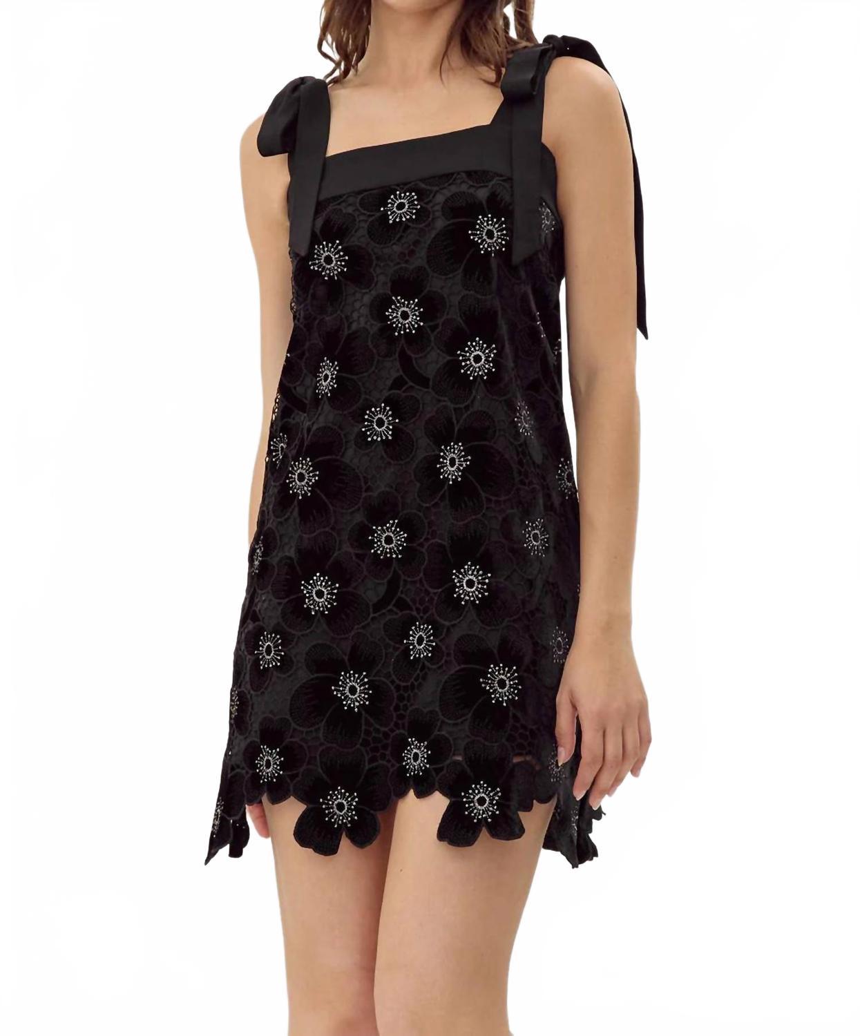 lady in love black floral print velvet mini dress Black velvet mini dress with 3D flowers
