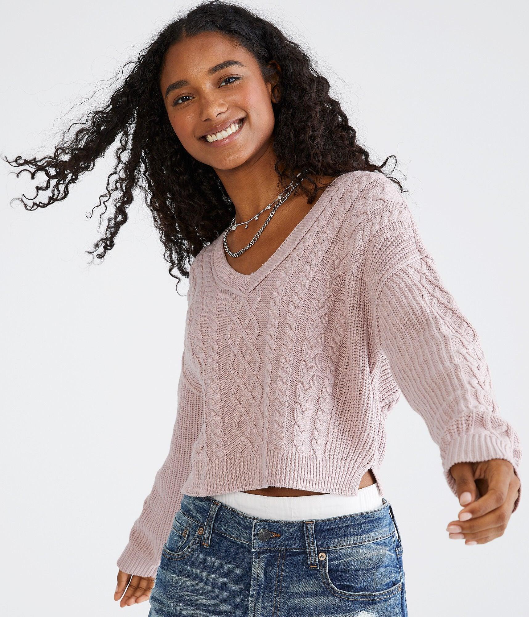 Aéropostale Slouchy Cable-knit Cropped V-neck Sweater in Red | Lyst