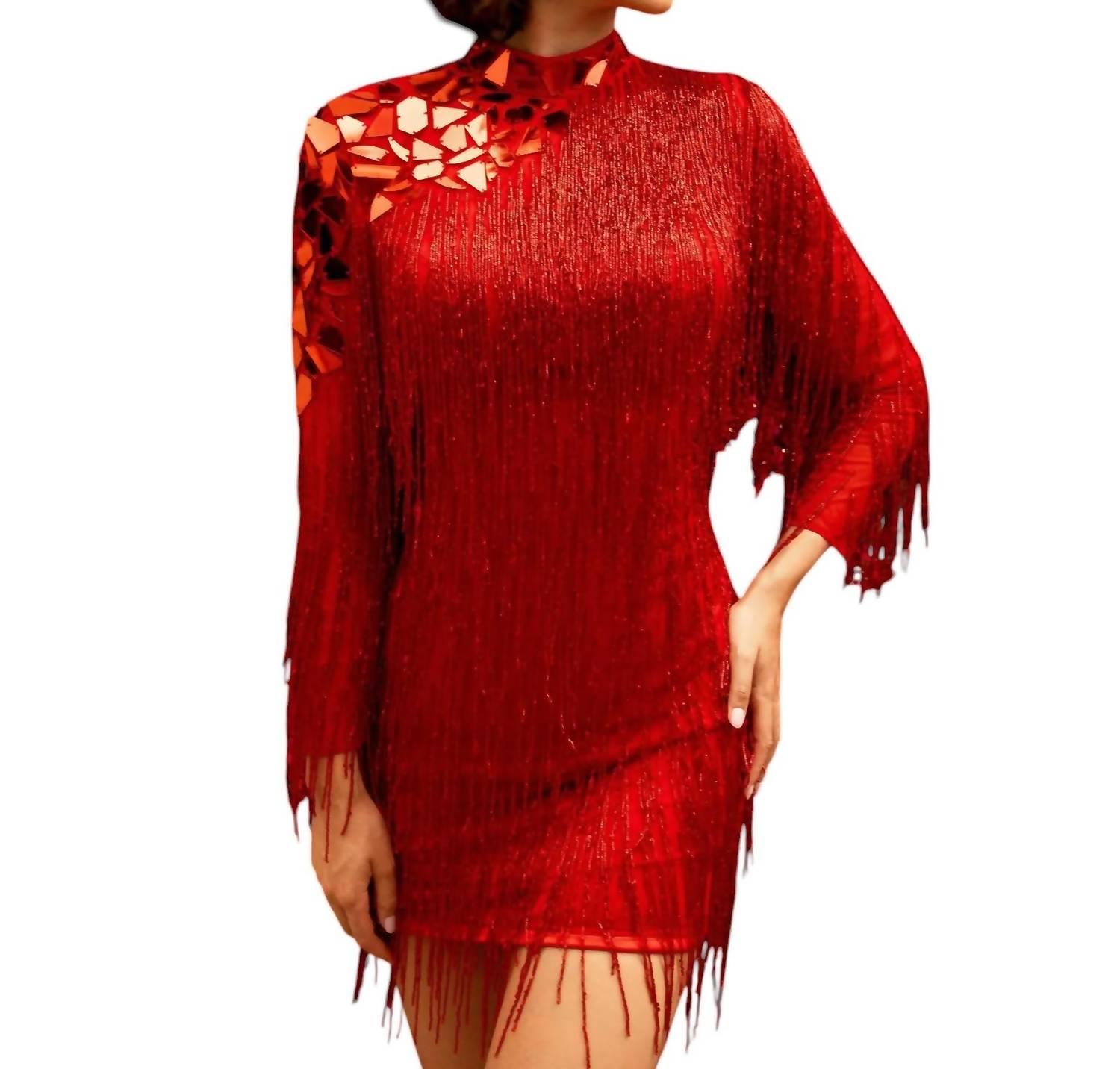 Primavera High Neck Beaded Fringe Cocktail Dress in Red | Lyst
