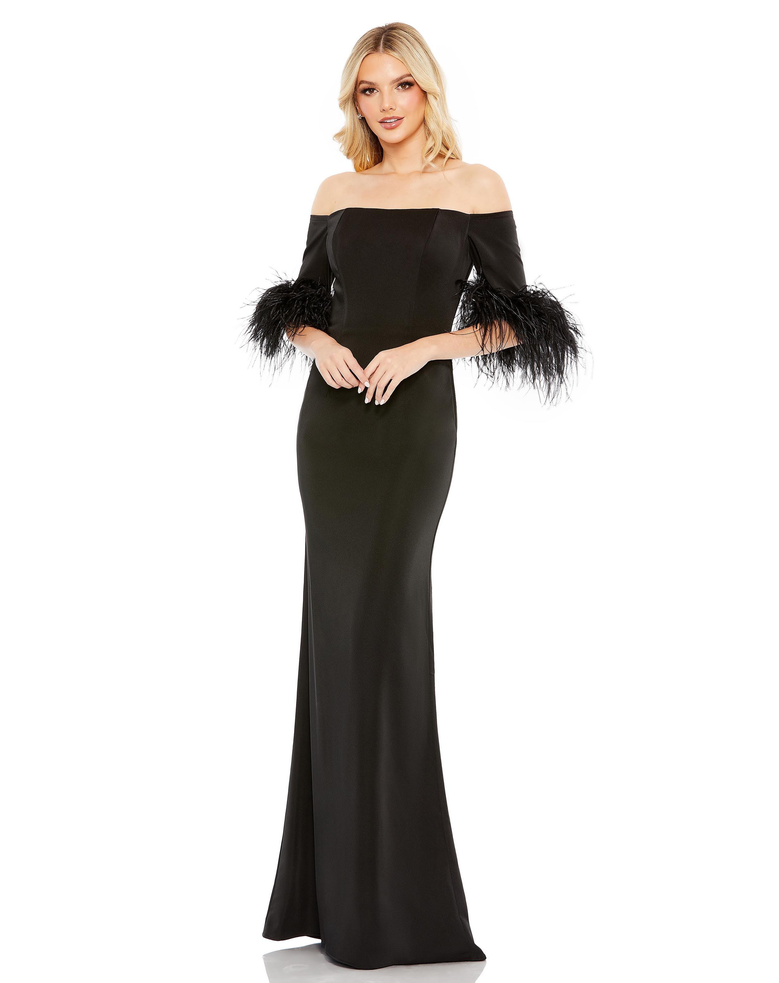 パーティードレス Feather Trim Off-The-Shoulder Gown white-feather-bridal-gown-by-
