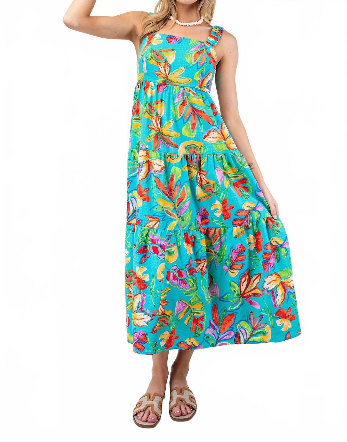 chinese dress ladies Easel Tropical Print Peach Blossom Maxi Dress in Peri Blue Medium
