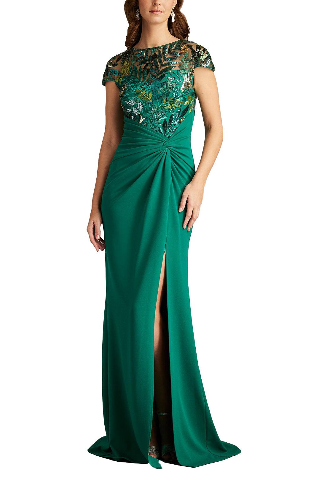 Tadashi Shoji Eleonora Draped Sequin Illusion Gown in Green