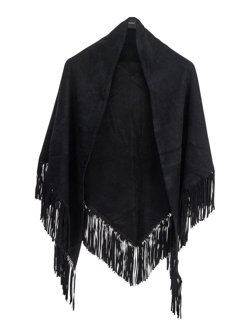 ポンチョ・ケープ PLAIN 'Elena' Black Cape with Fringed Hem in Fabric Woman Plain Elena' Cape With Fringed Hem in Blue | Lyst