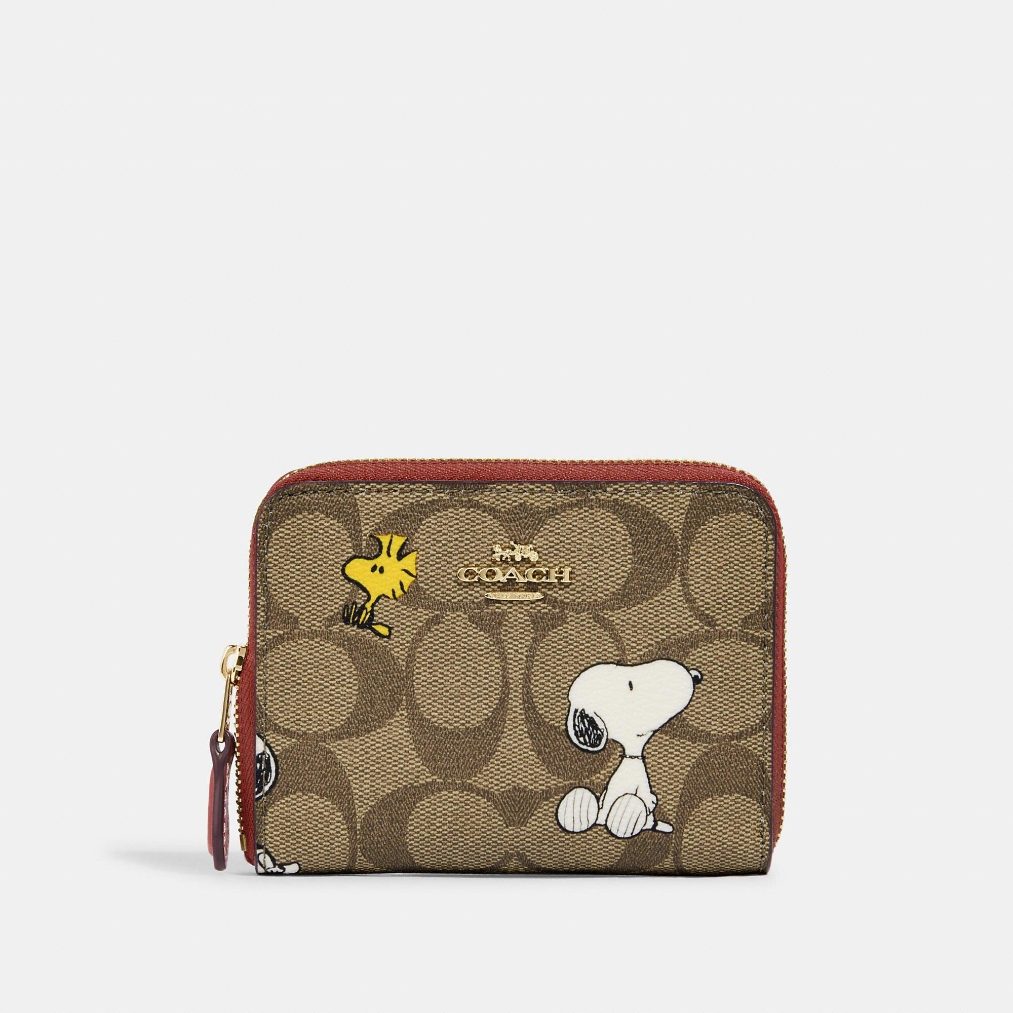 COACH Coach X Peanuts Small Zip Around Wallet In Signature Canvas With Snoopy Woodstock Print Lyst