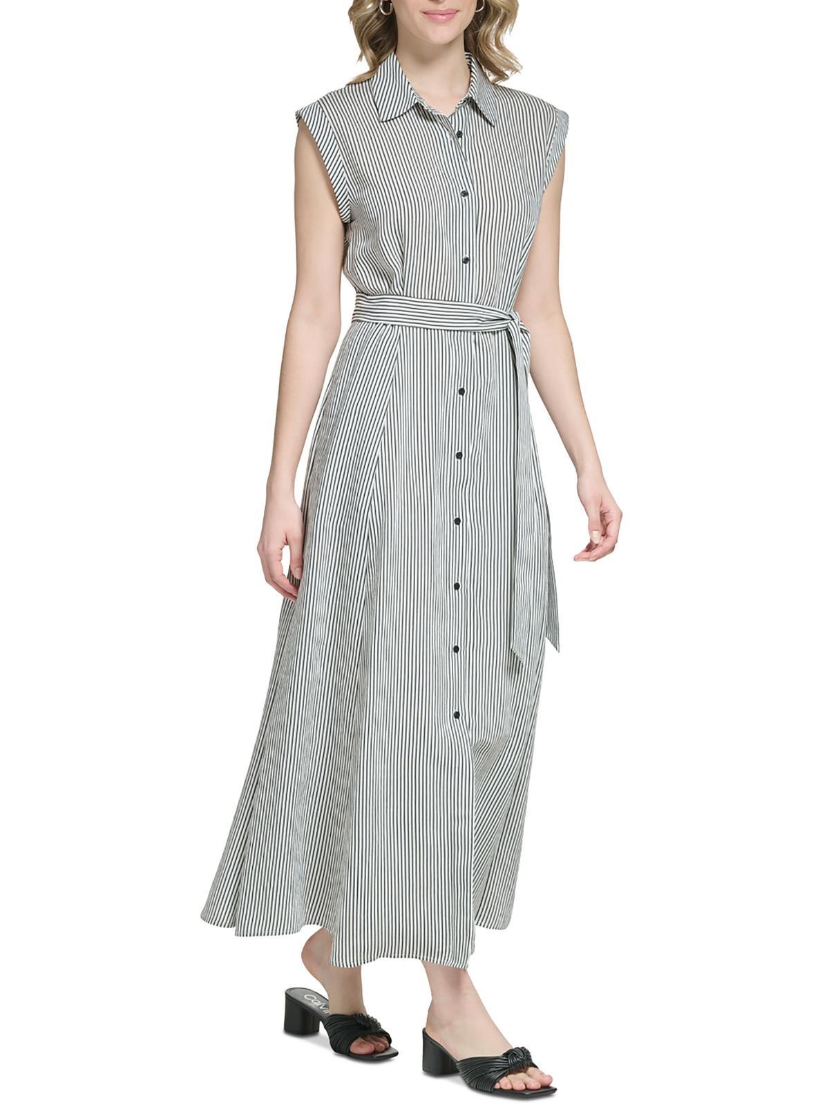 Calvin Klein Striped Sleeveless Shirtdress in Gray | Lyst