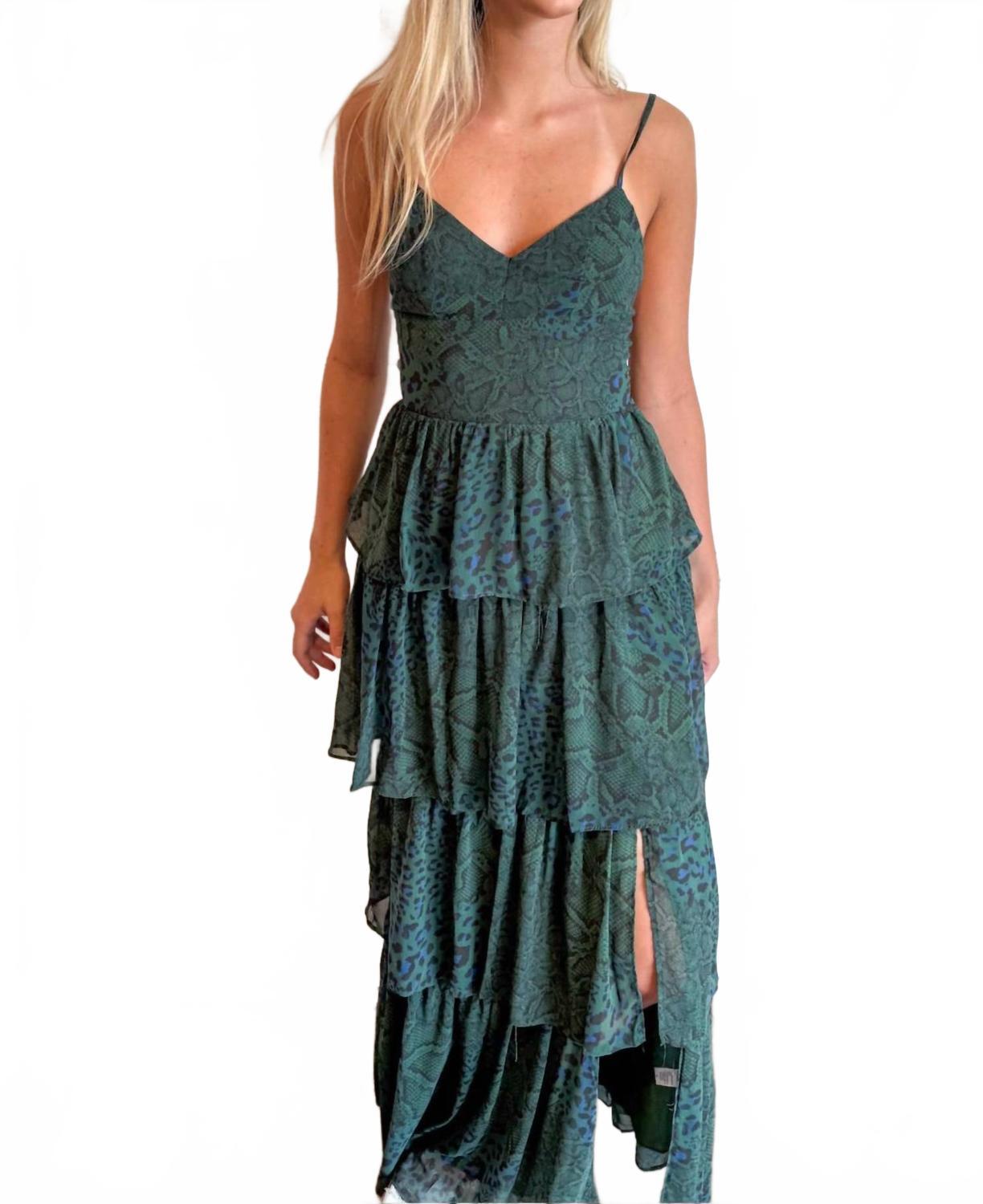 olivaceous green dress Olivaceous Tiered V-Neck Open Back Satin Mini