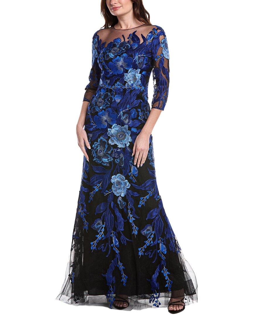 Teri Jon Embroidered Tulle Floral 3/4 Sleeve Gown in Blue | Lyst