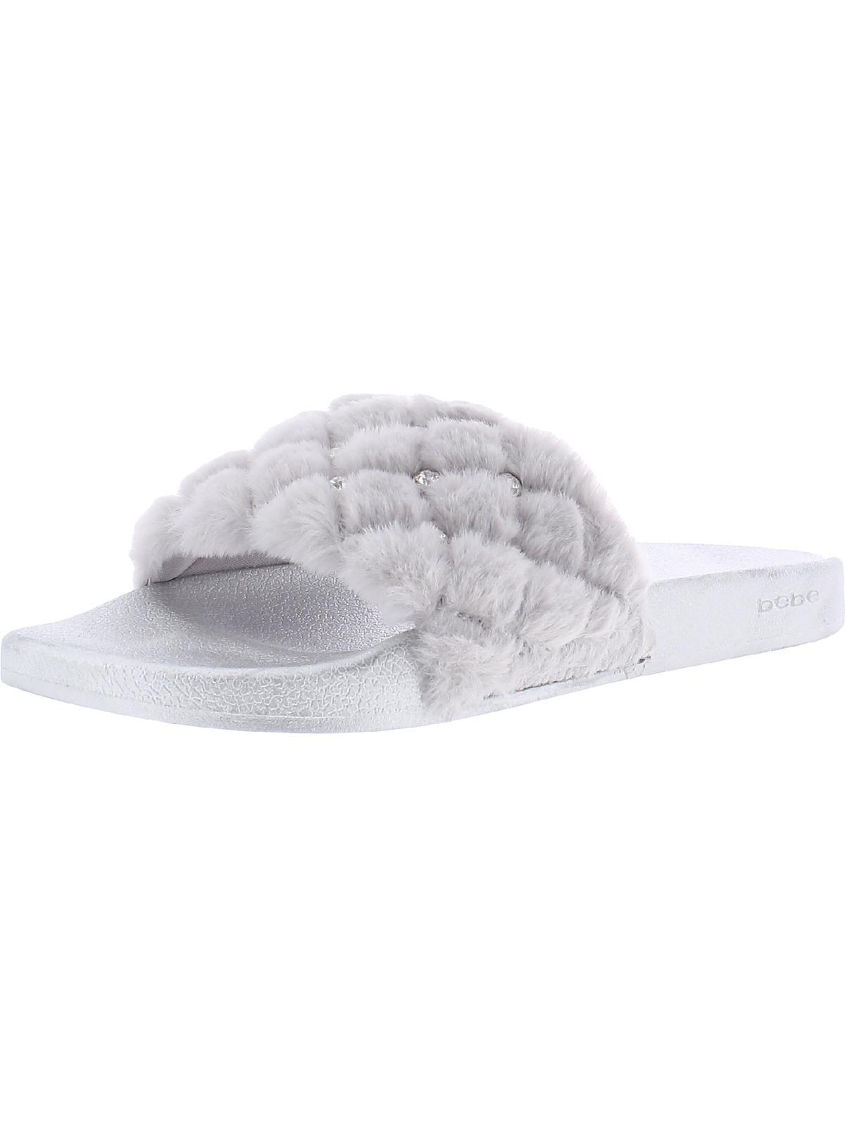 Bebe Faryn Faux Fur Slides Slide Sandals in White | Lyst